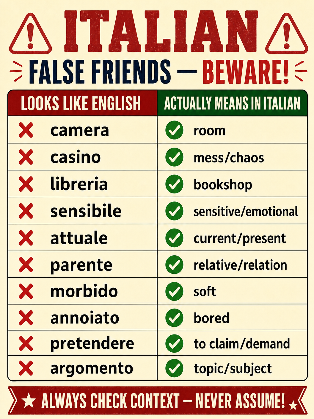 Italian False Friends Warning