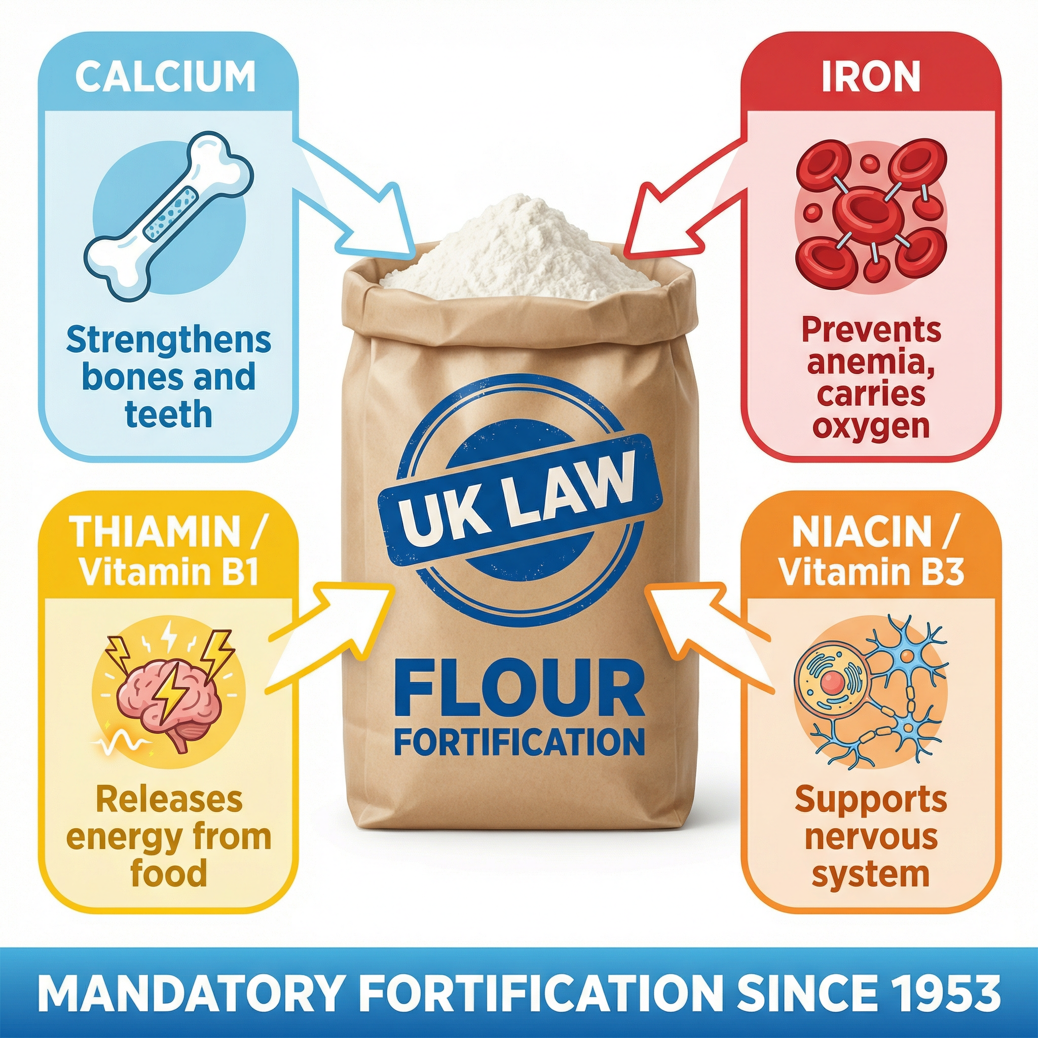 The four mandatory nutrients in UK fortified flour.