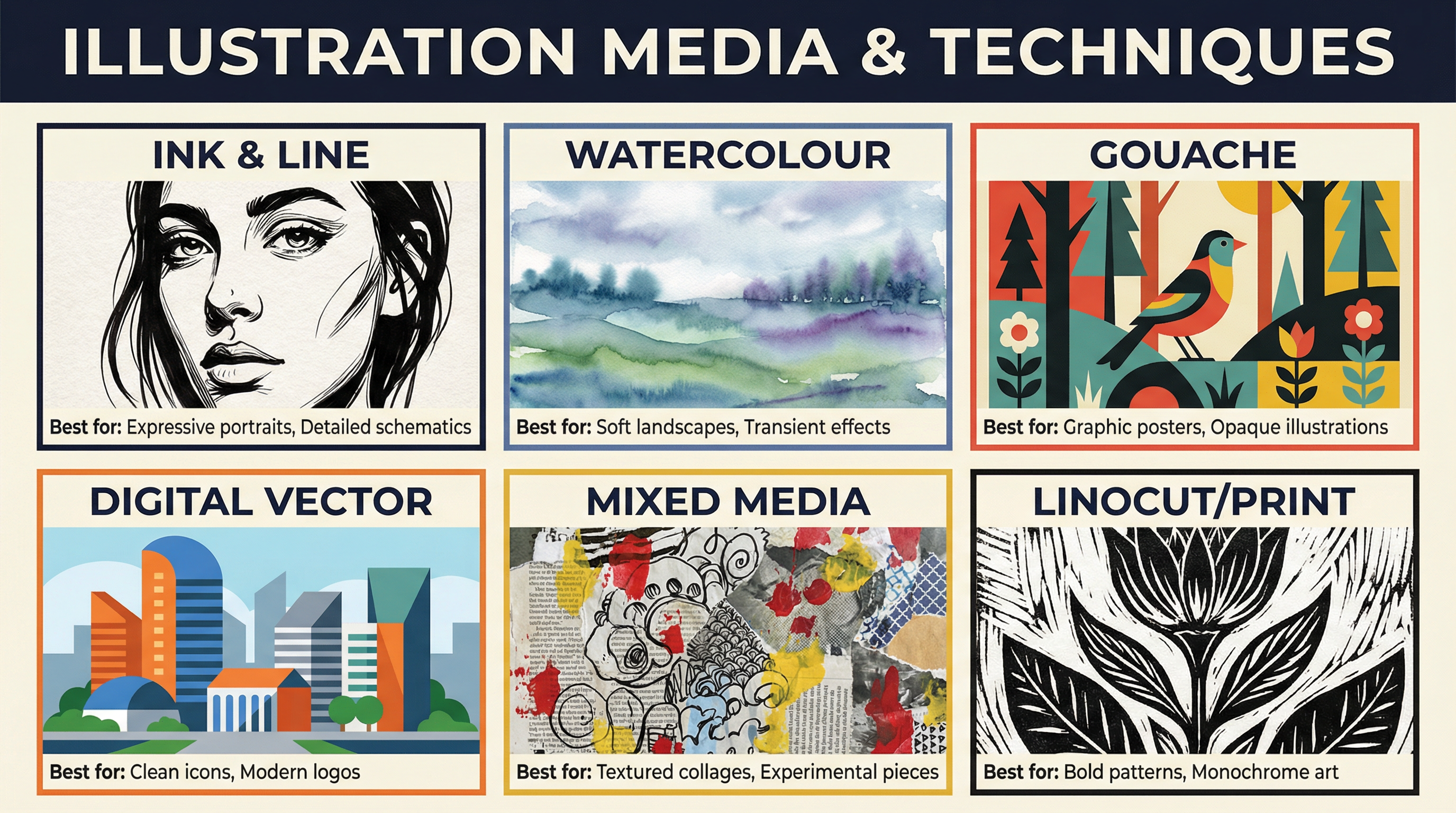 A comparison of common illustration media and their best uses.