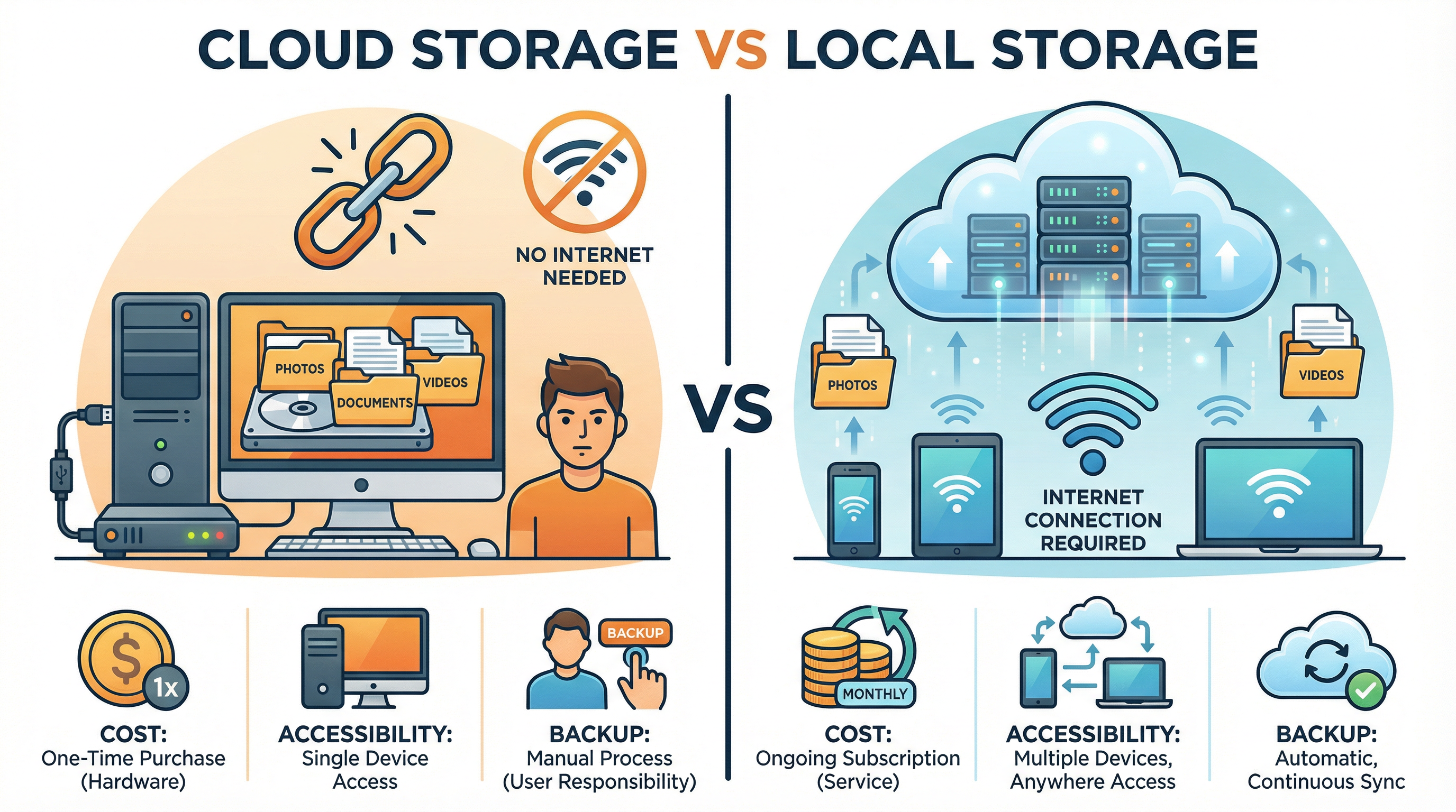 A comparison of the features of cloud storage and local storage.
