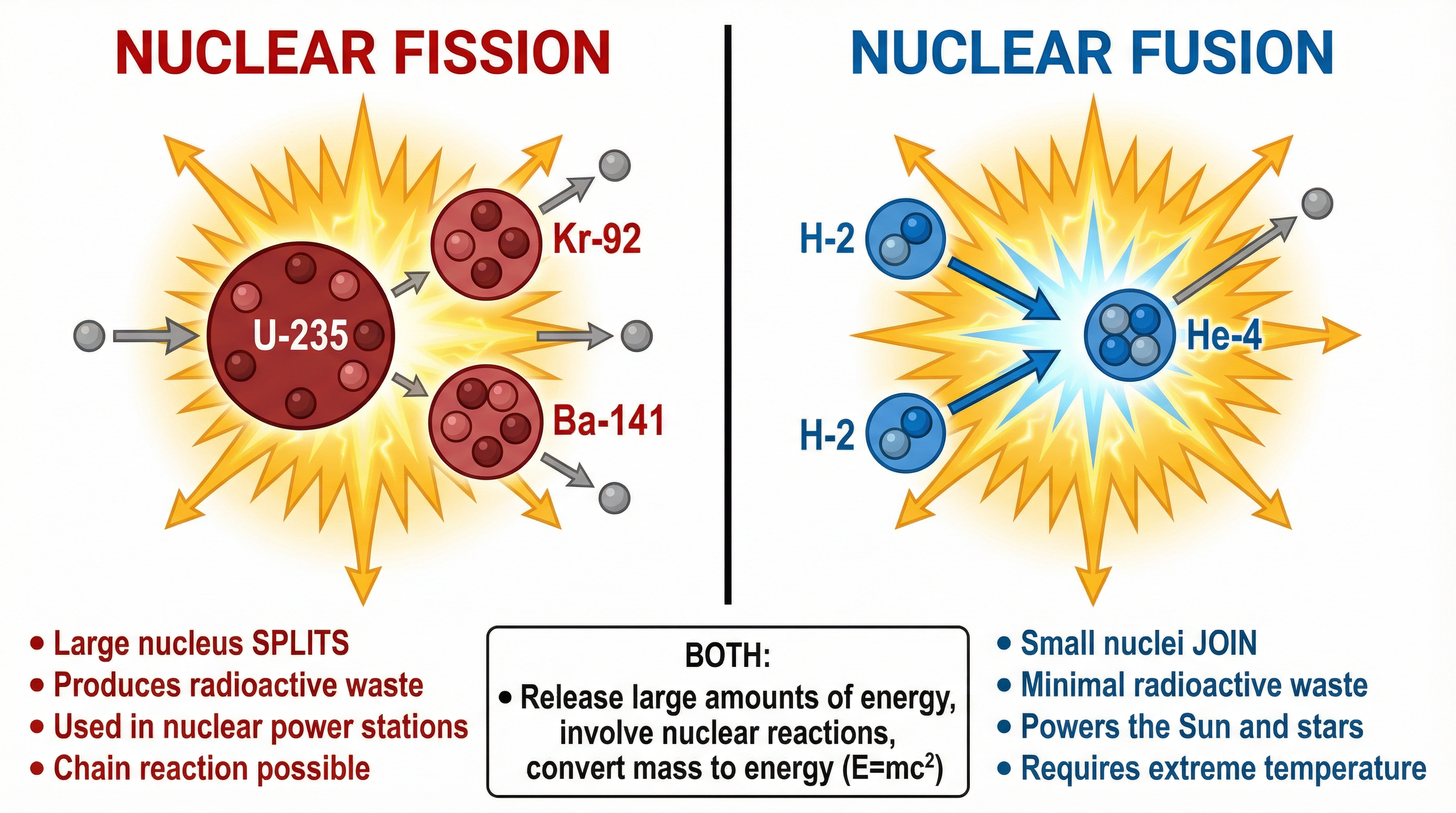 Key differences and similarities between nuclear fission and fusion.