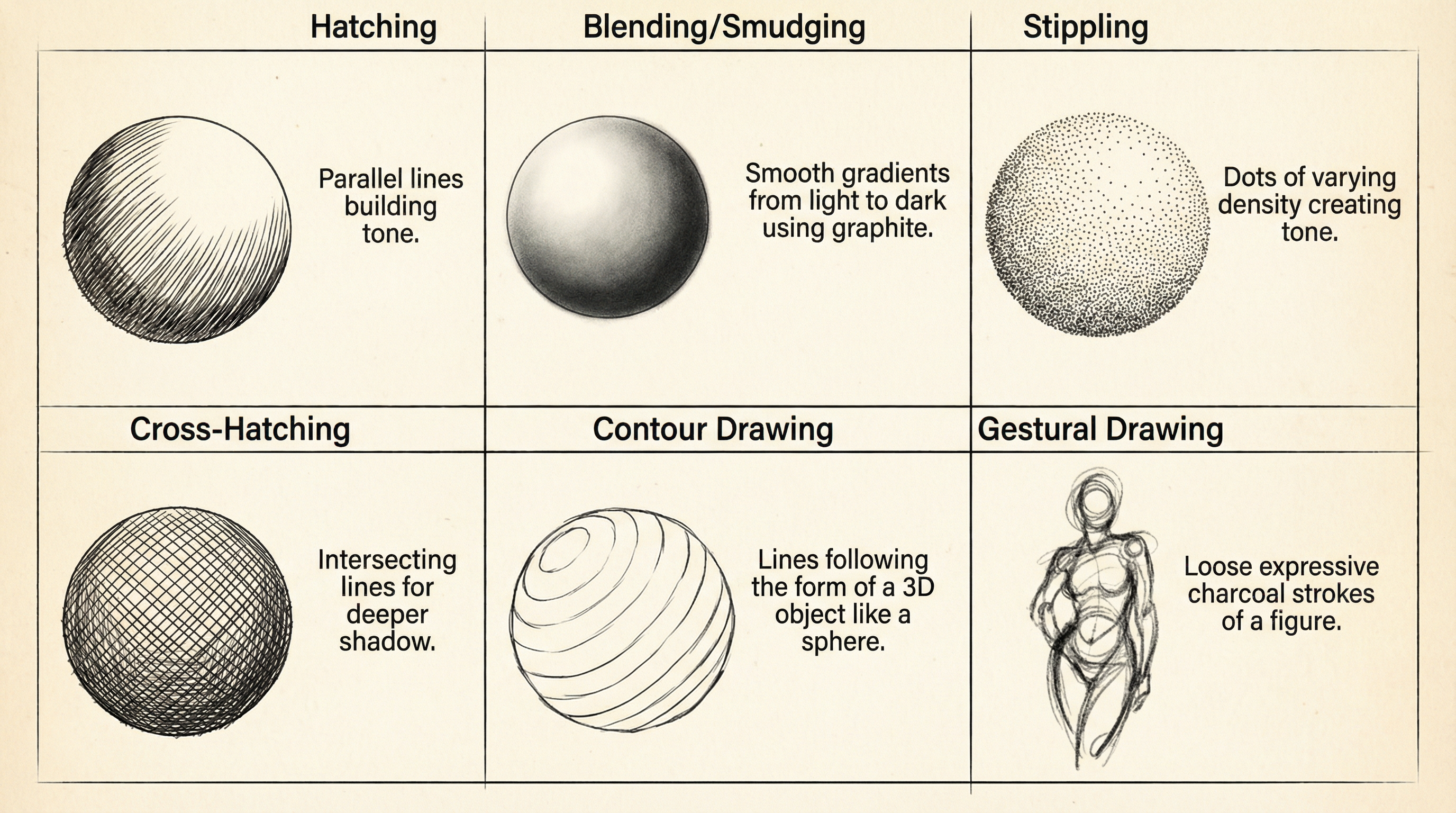 A reference sheet of key drawing techniques.