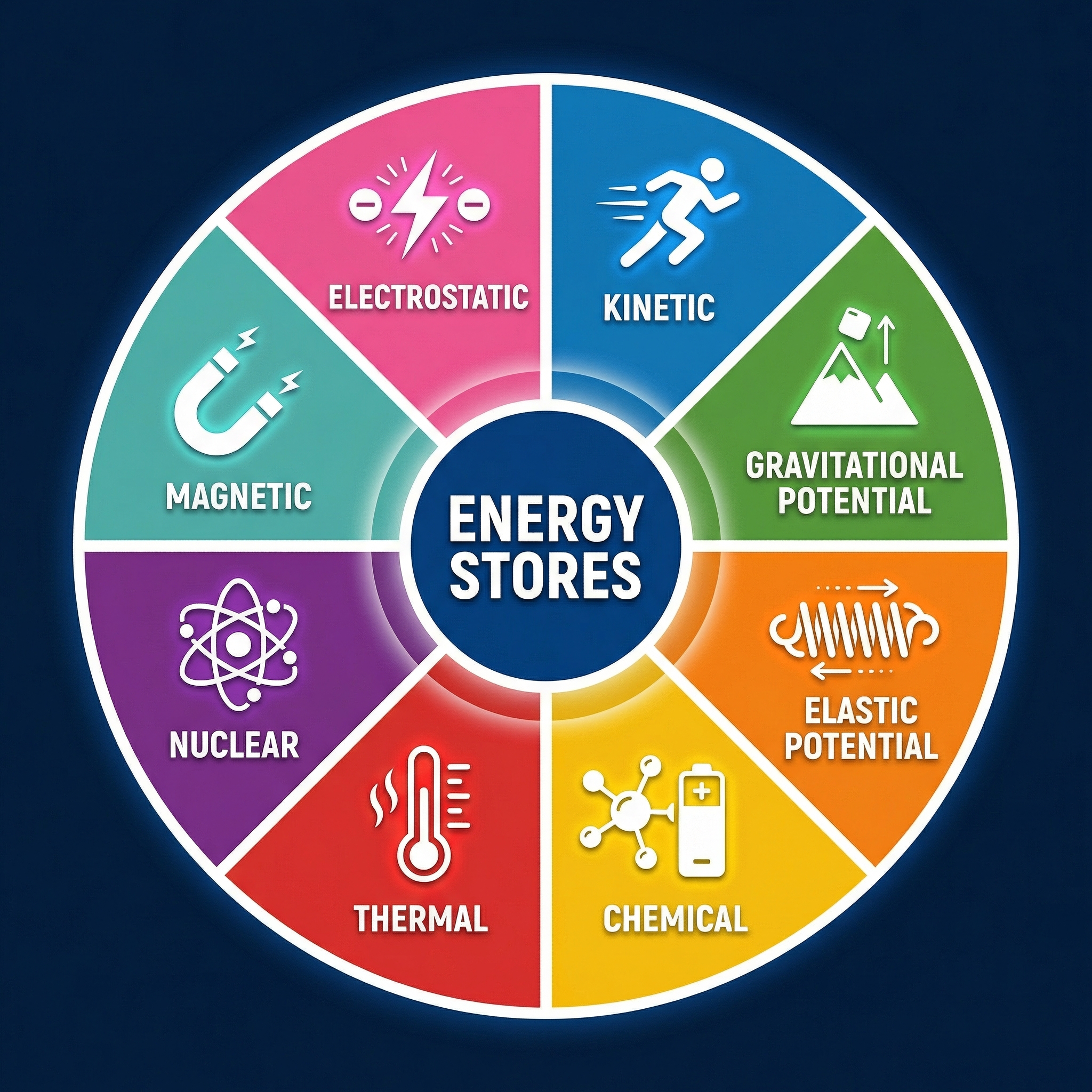 The eight key energy stores you need to know for GCSE Physics.