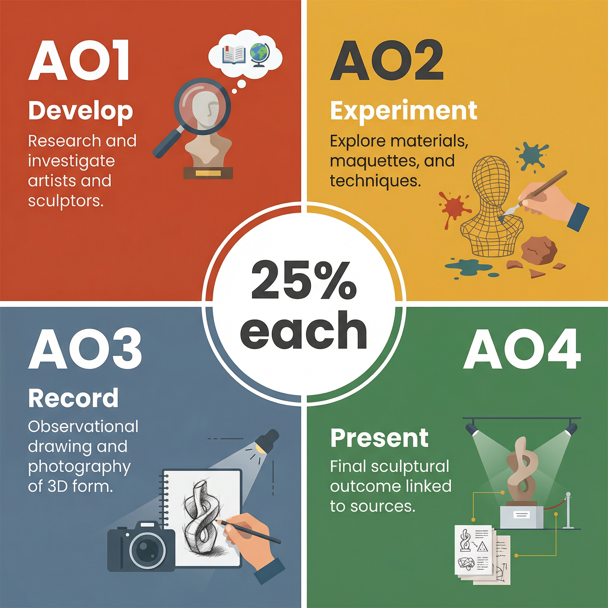 The four Assessment Objectives for OCR GCSE Art & Design, each with equal weighting.