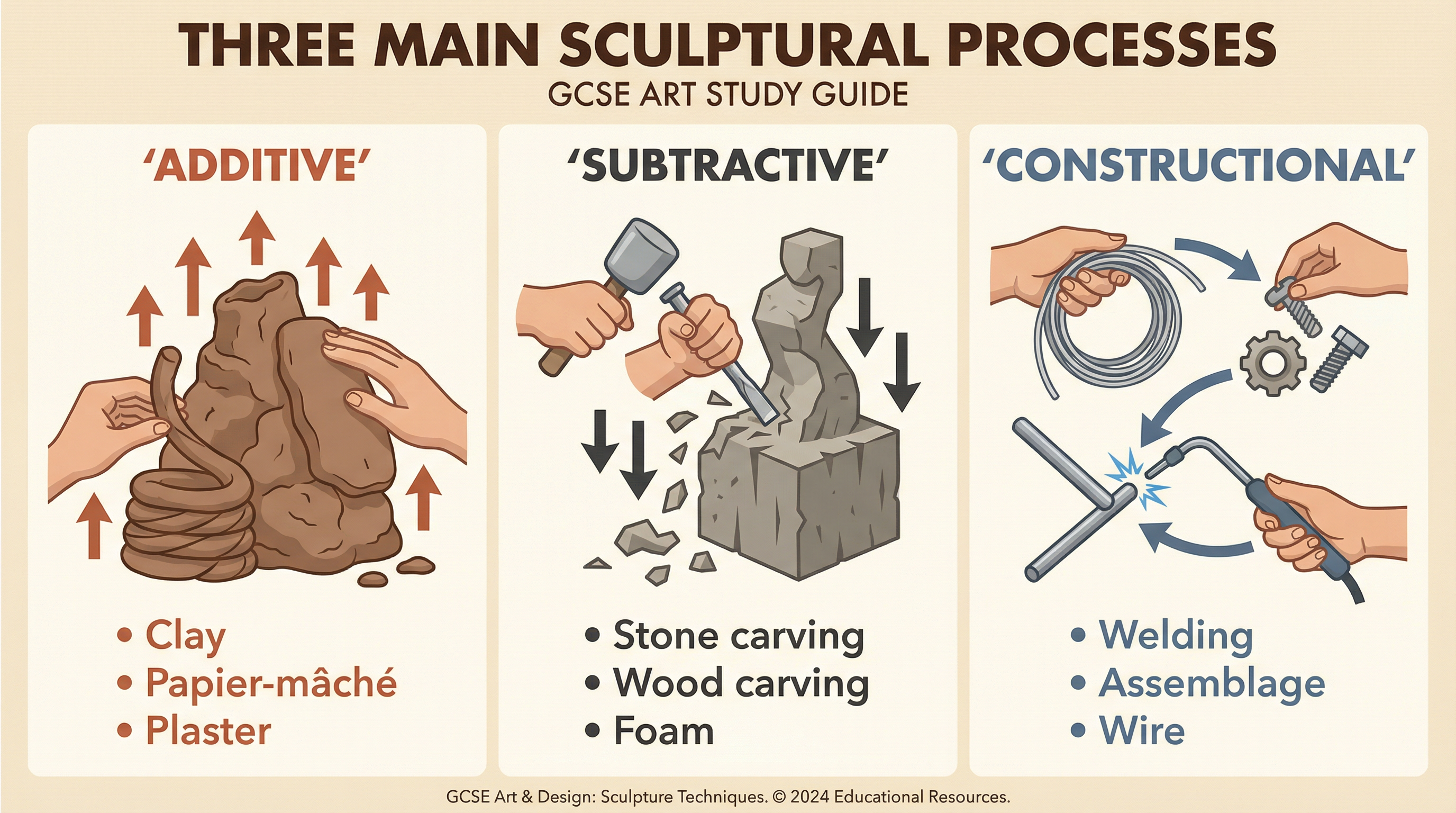 A visual guide to the three core methods of making sculpture.