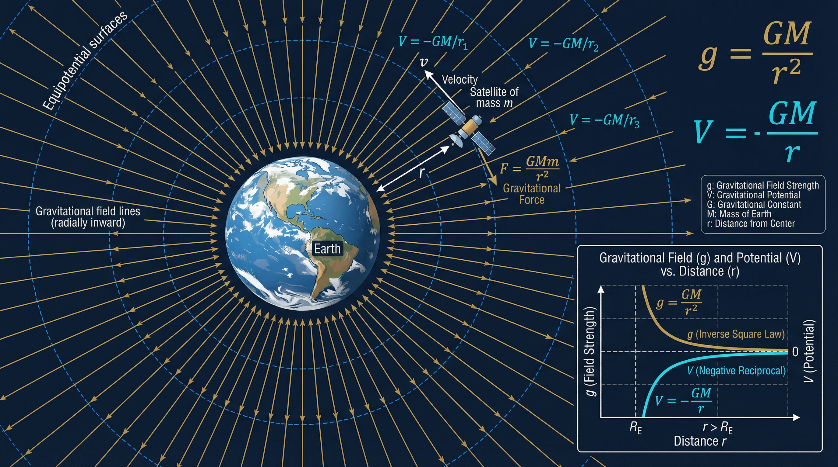 Gravitational Fields: Field lines (force) and equipotential surfaces (energy).