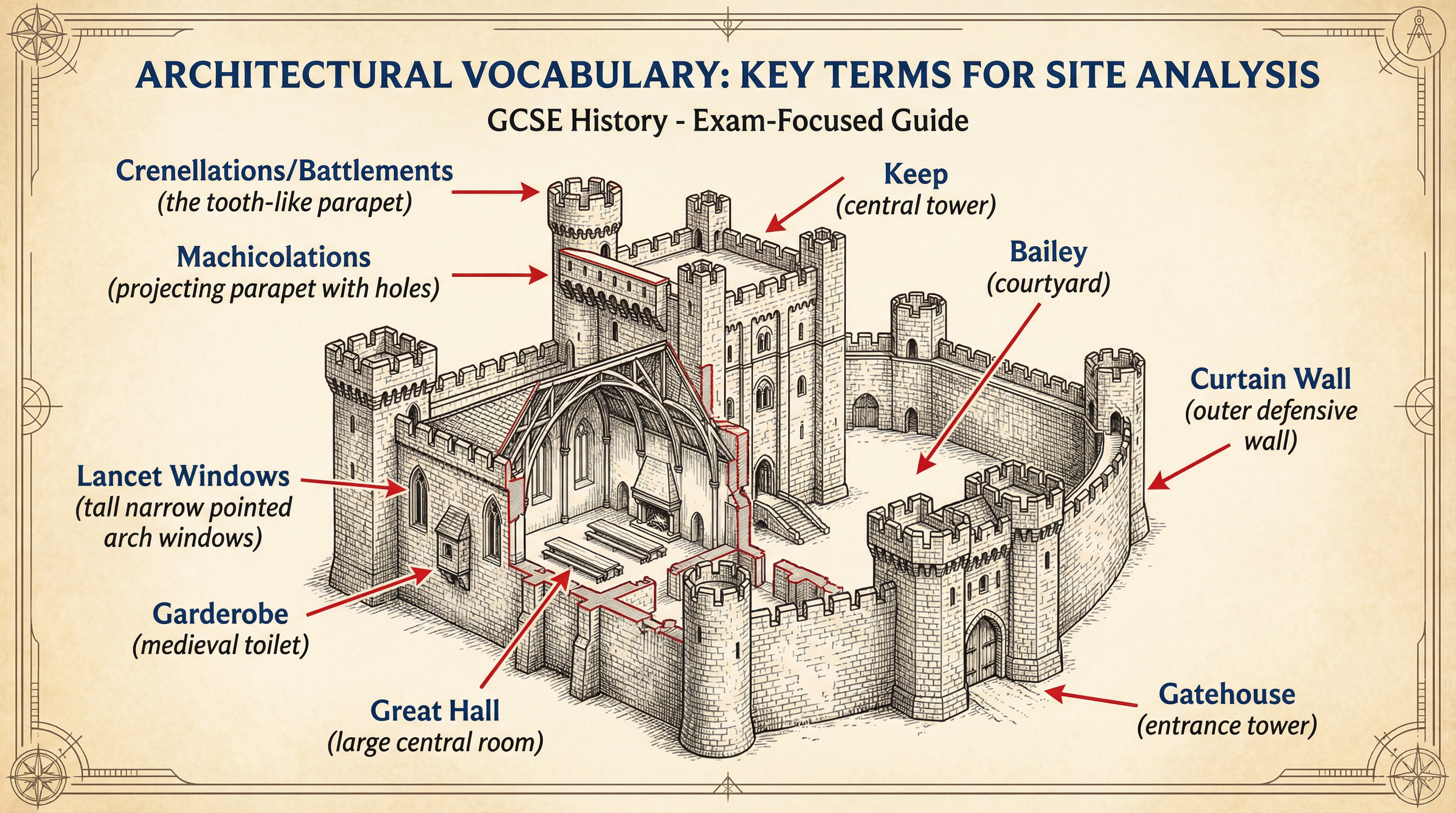 Key architectural vocabulary for describing historical buildings.