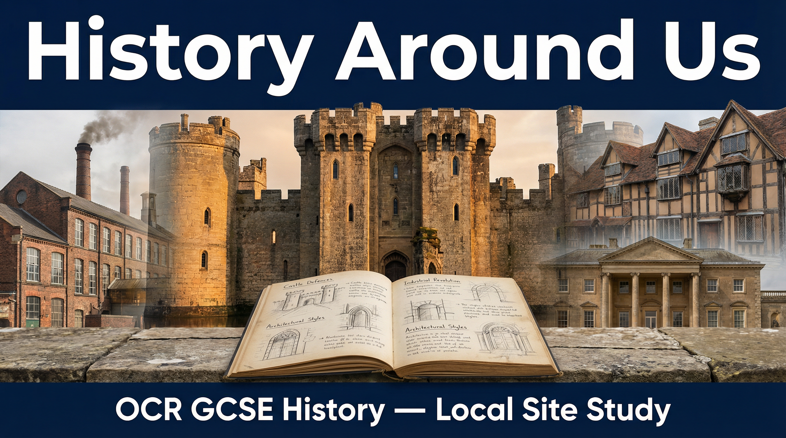 A collage representing the layers of history at a typical UK historical site.