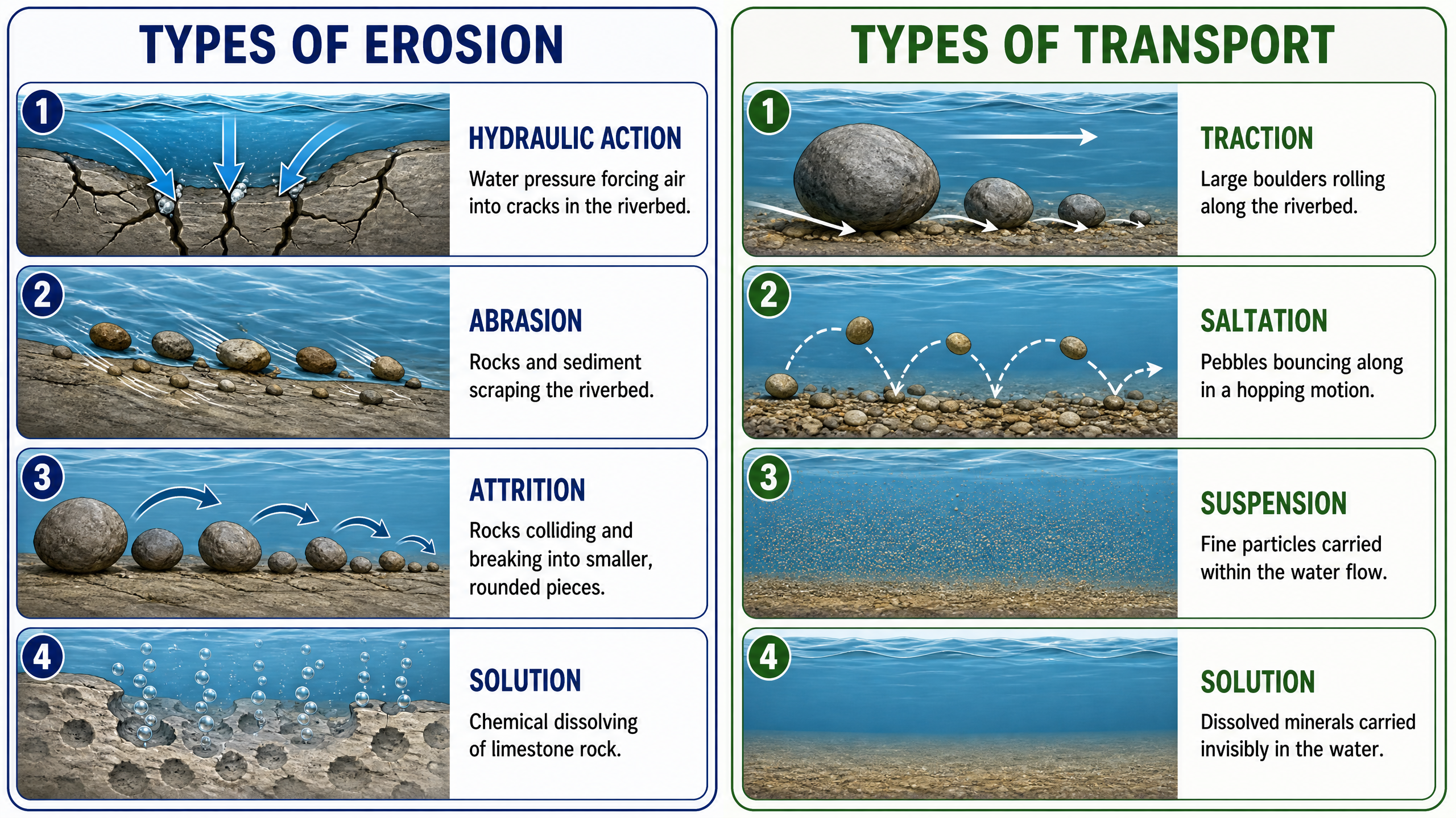 Types of river erosion and transportation.