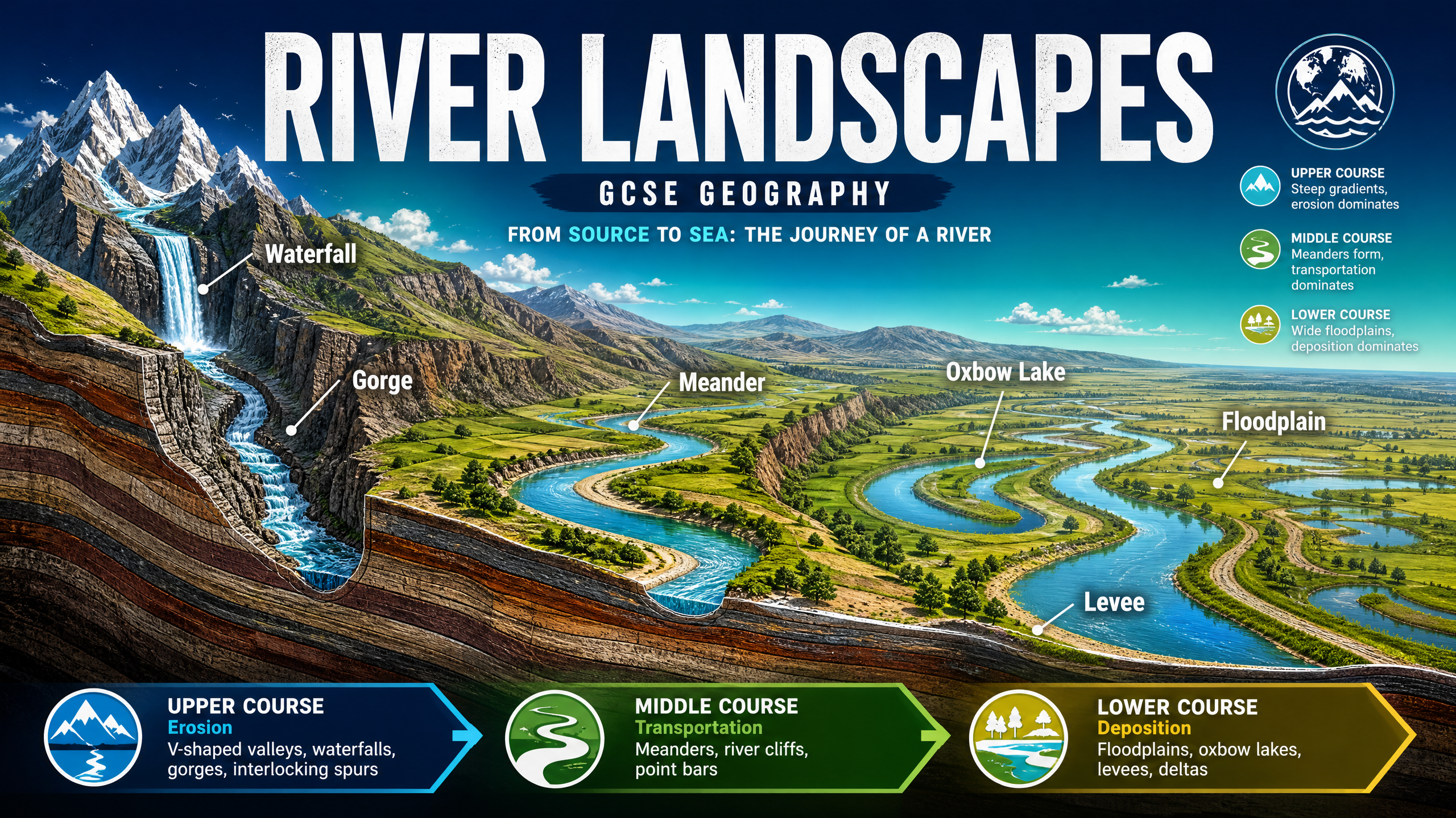 The journey of a river from source to sea.