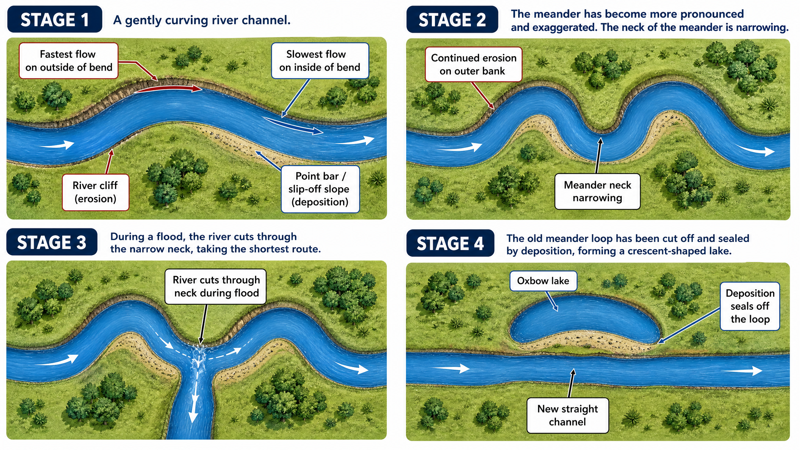 Formation of a meander and oxbow lake.