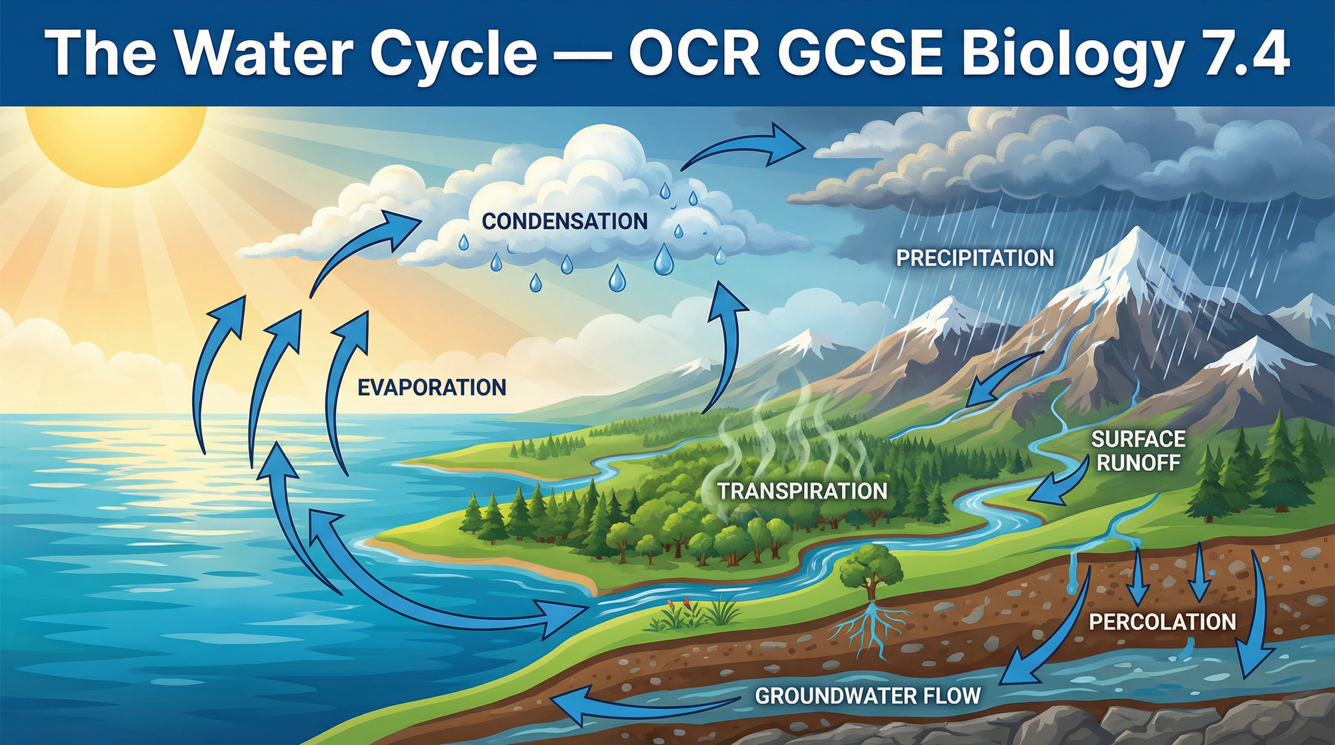 An overview of the Water Cycle, showing evaporation, condensation, precipitation, and transpiration.