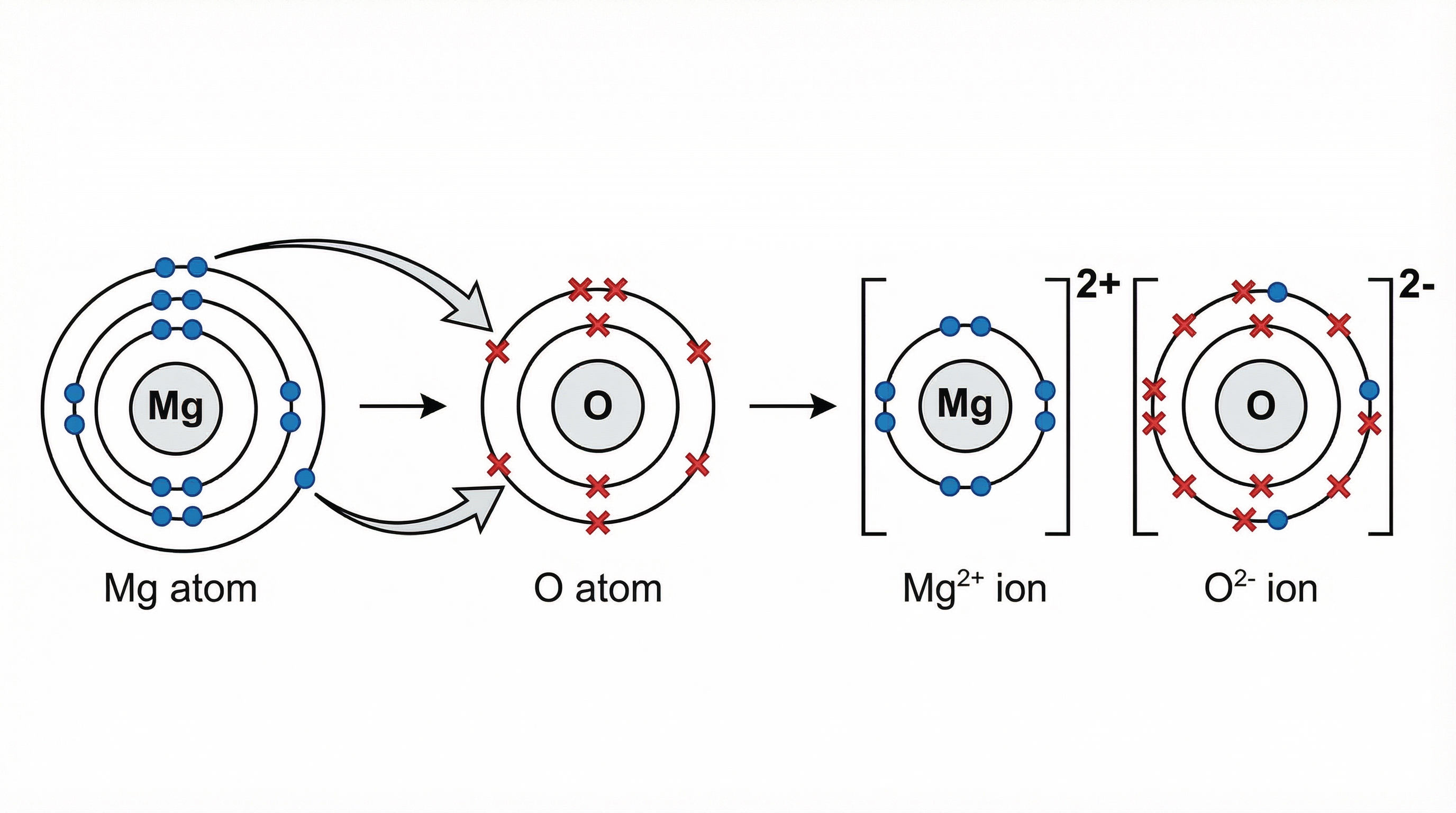 Step-by-step formation of an ionic bond in MgO.