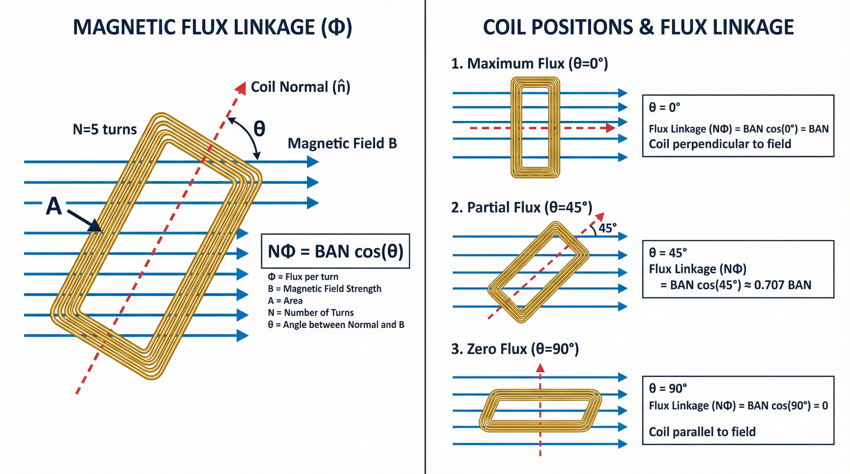Diagram of Magnetic Flux Linkage (NΦ = BAN cosθ)