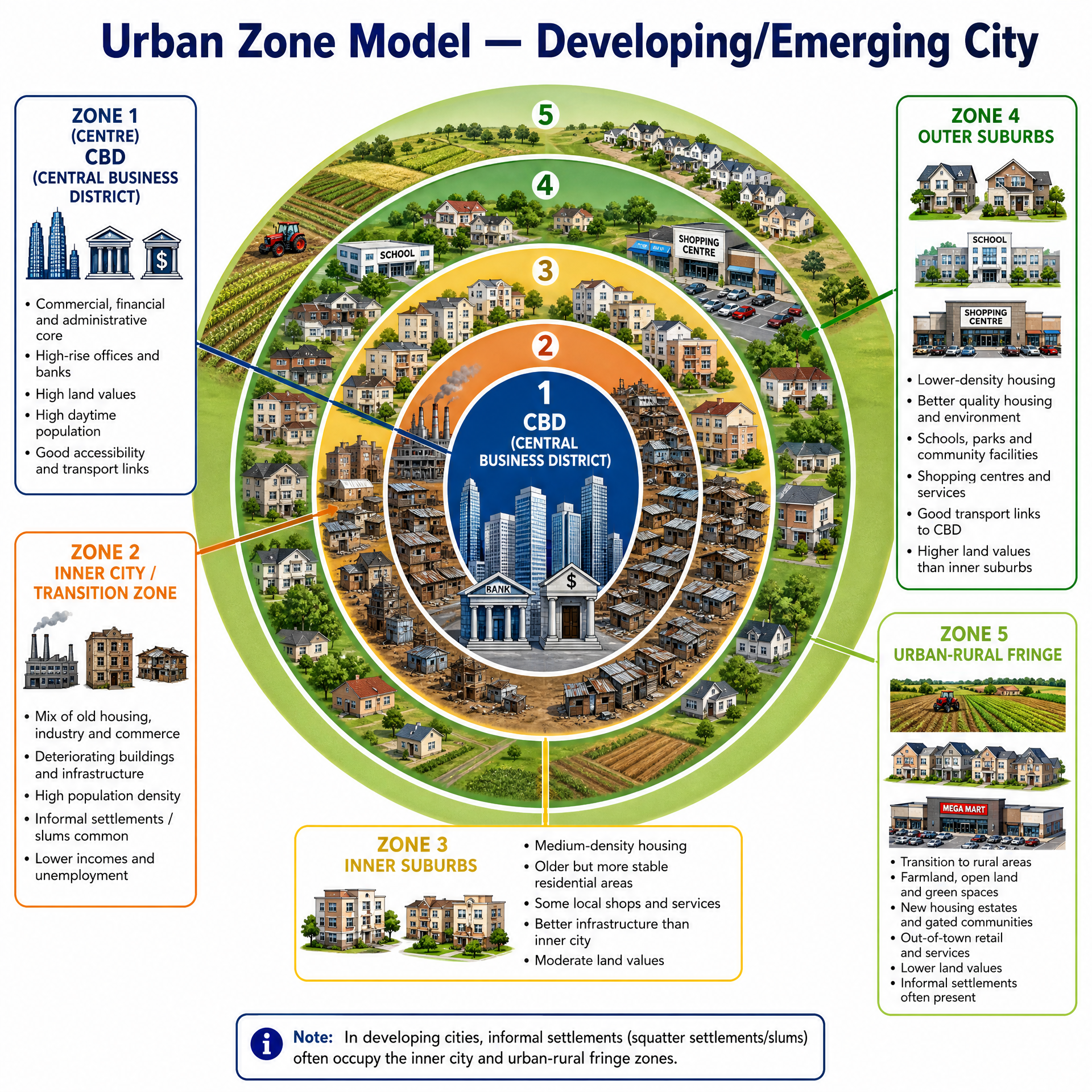 The Concentric Zone Model applied to developing/emerging cities.