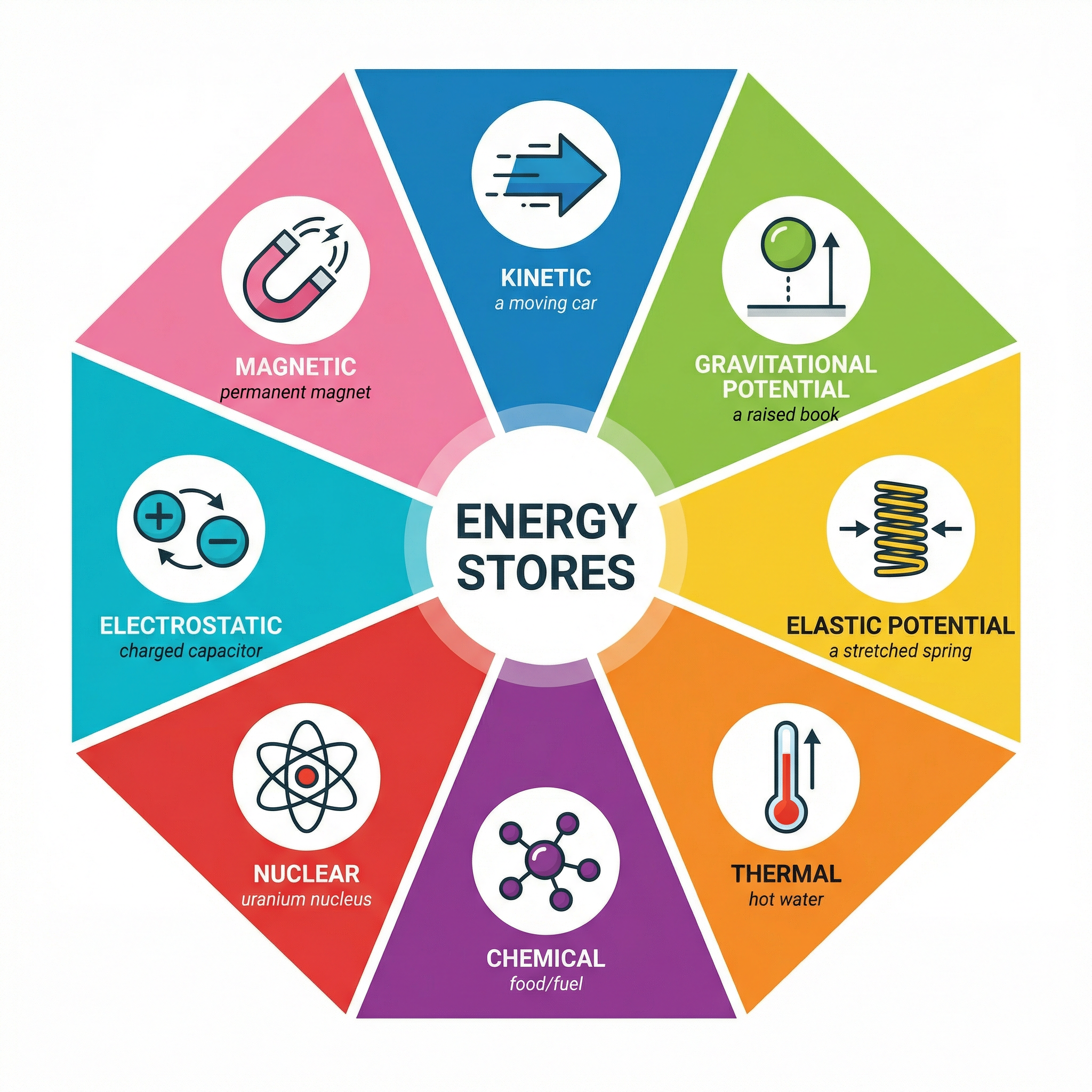 A summary of the eight key energy stores candidates must memorise.