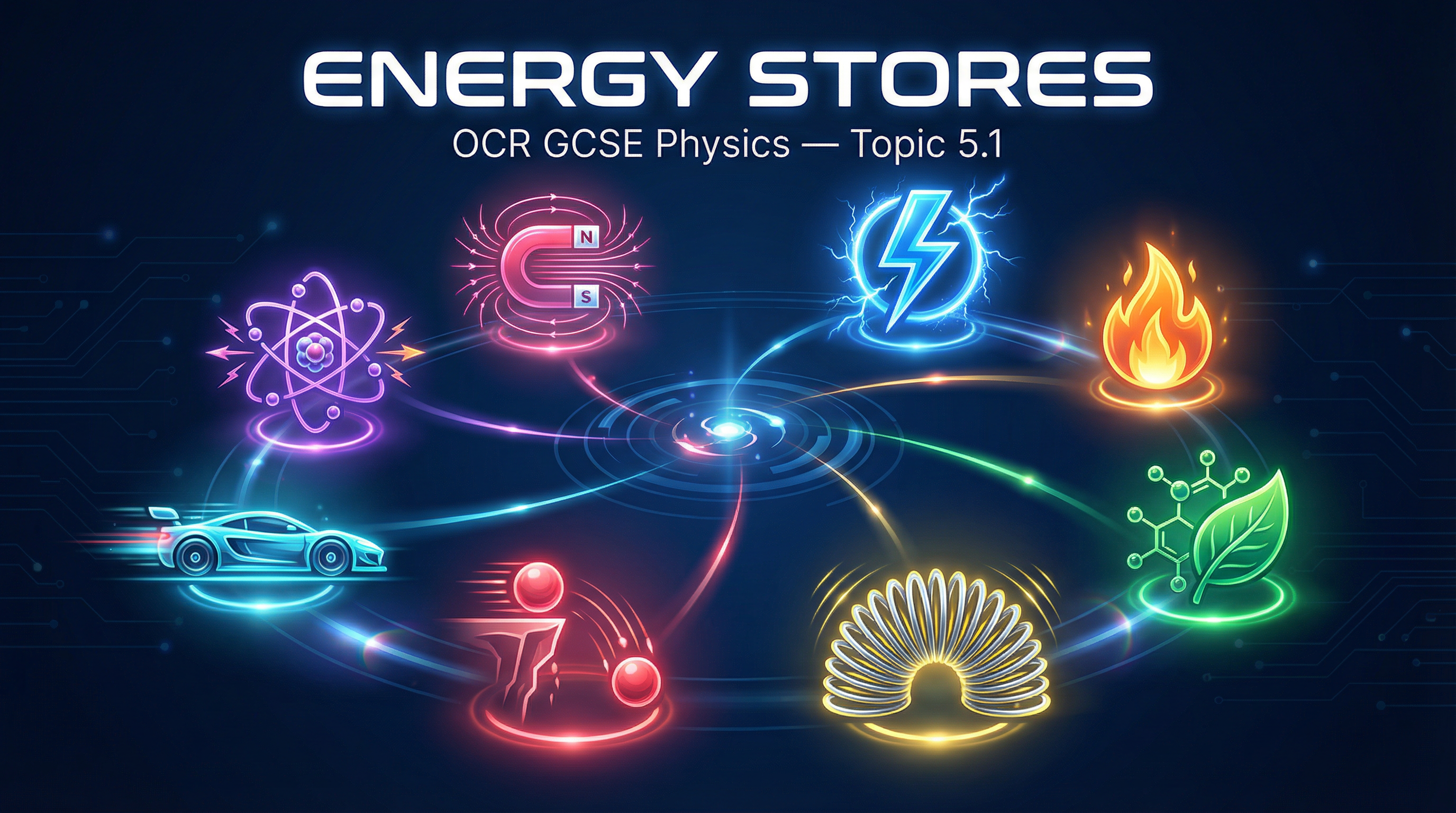 The eight energy stores for OCR GCSE Physics.