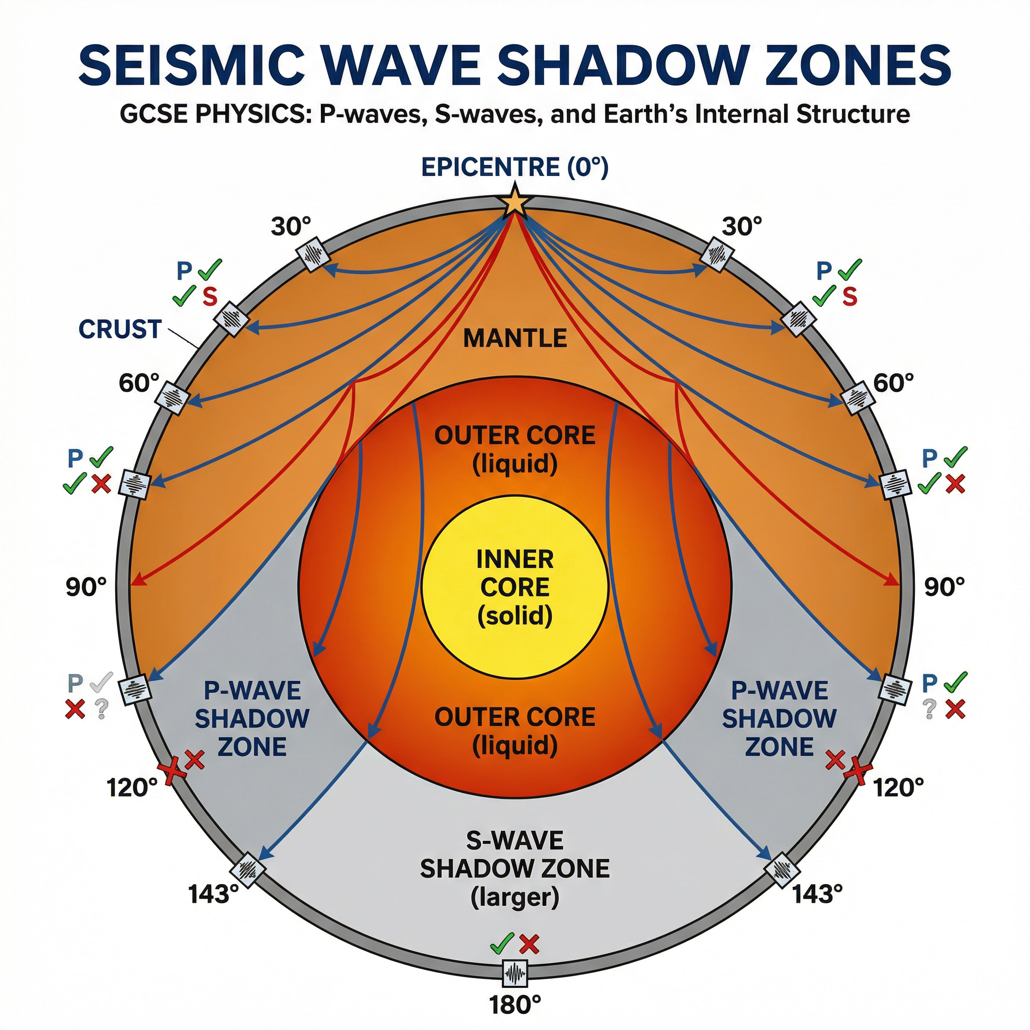 Formation of P-wave and S-wave shadow zones.
