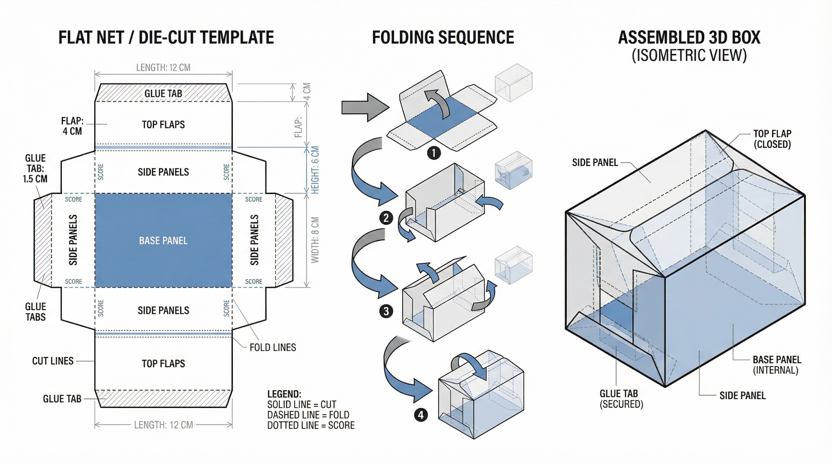 Diagram illustrating the construction of a packaging net from a 2D template to a 3D form.