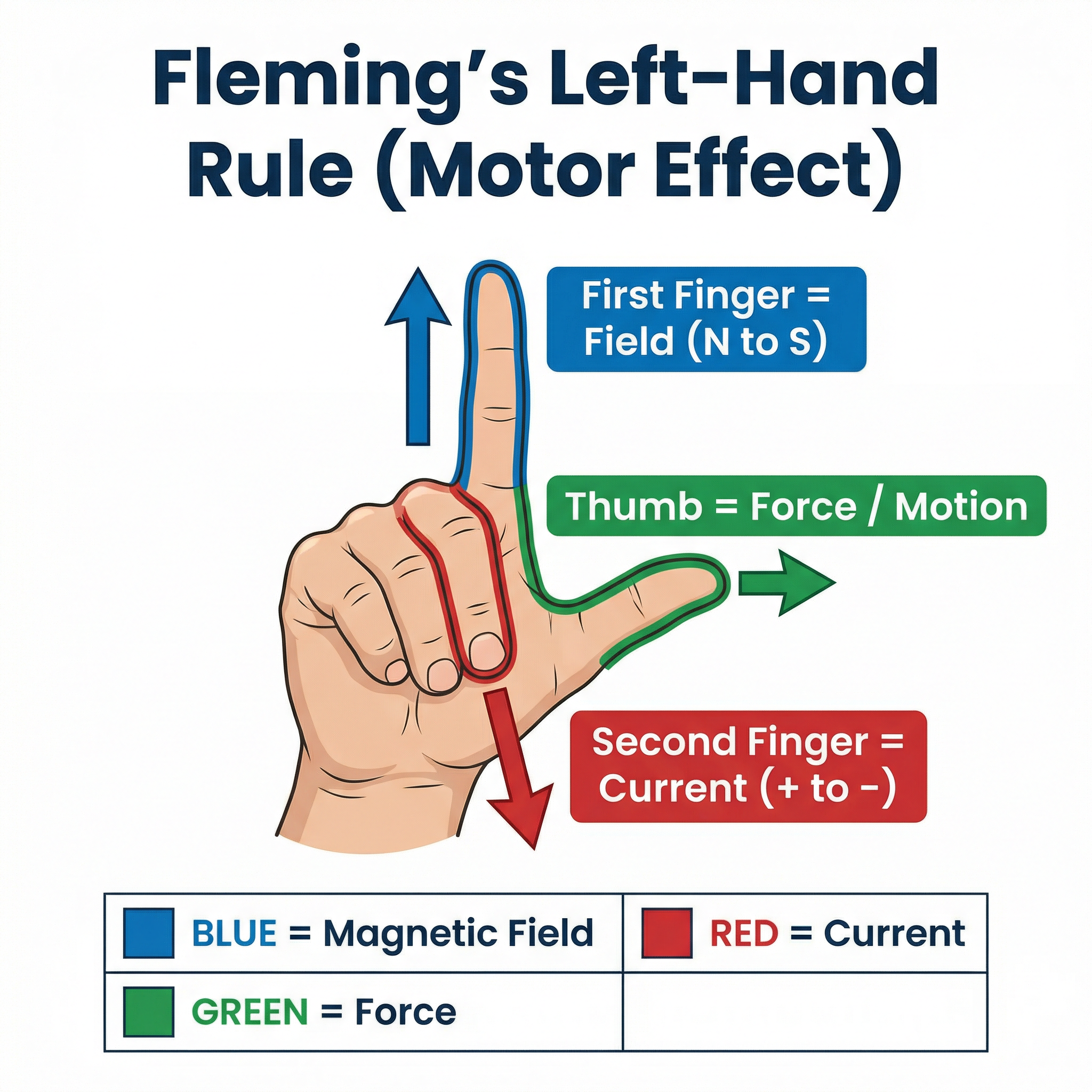 Fleming's Left-Hand Rule — First finger = Field, Second finger = Current, Thumb = Motion