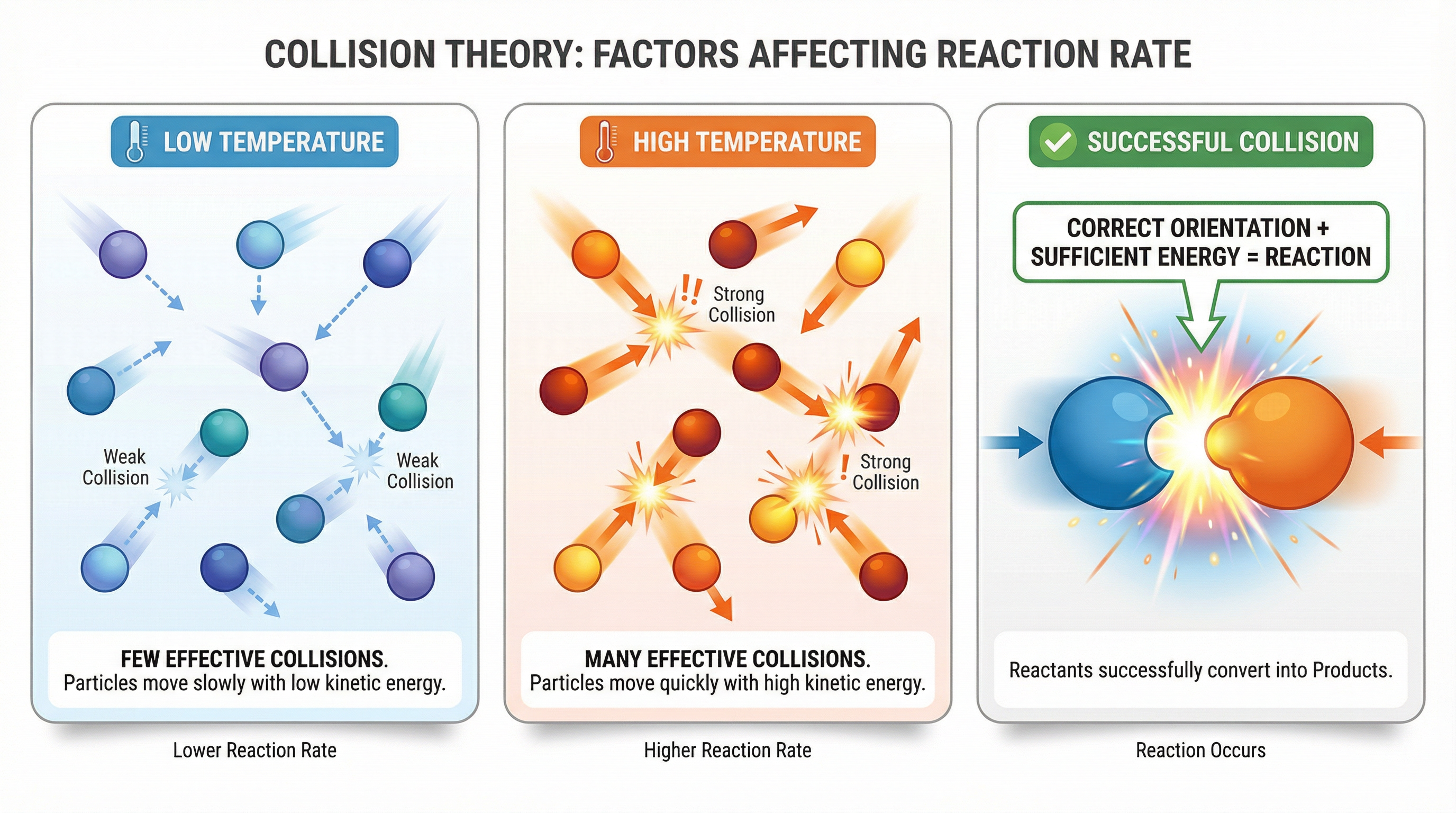 Visual explanation of collision theory and the effect of temperature.