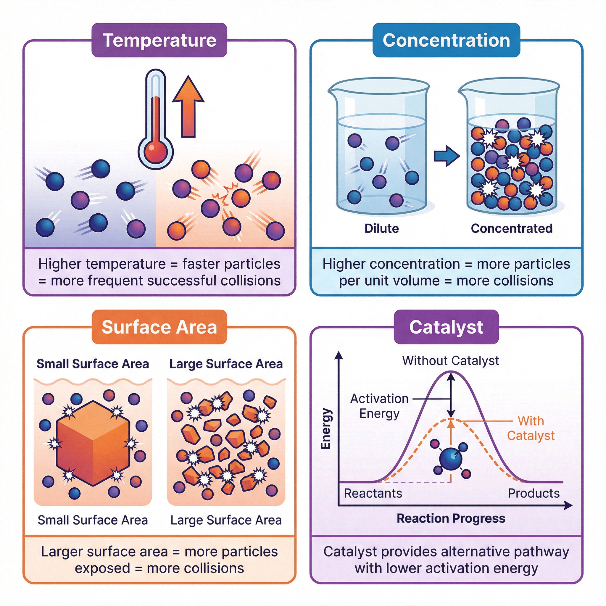 The four factors affecting reaction rate.