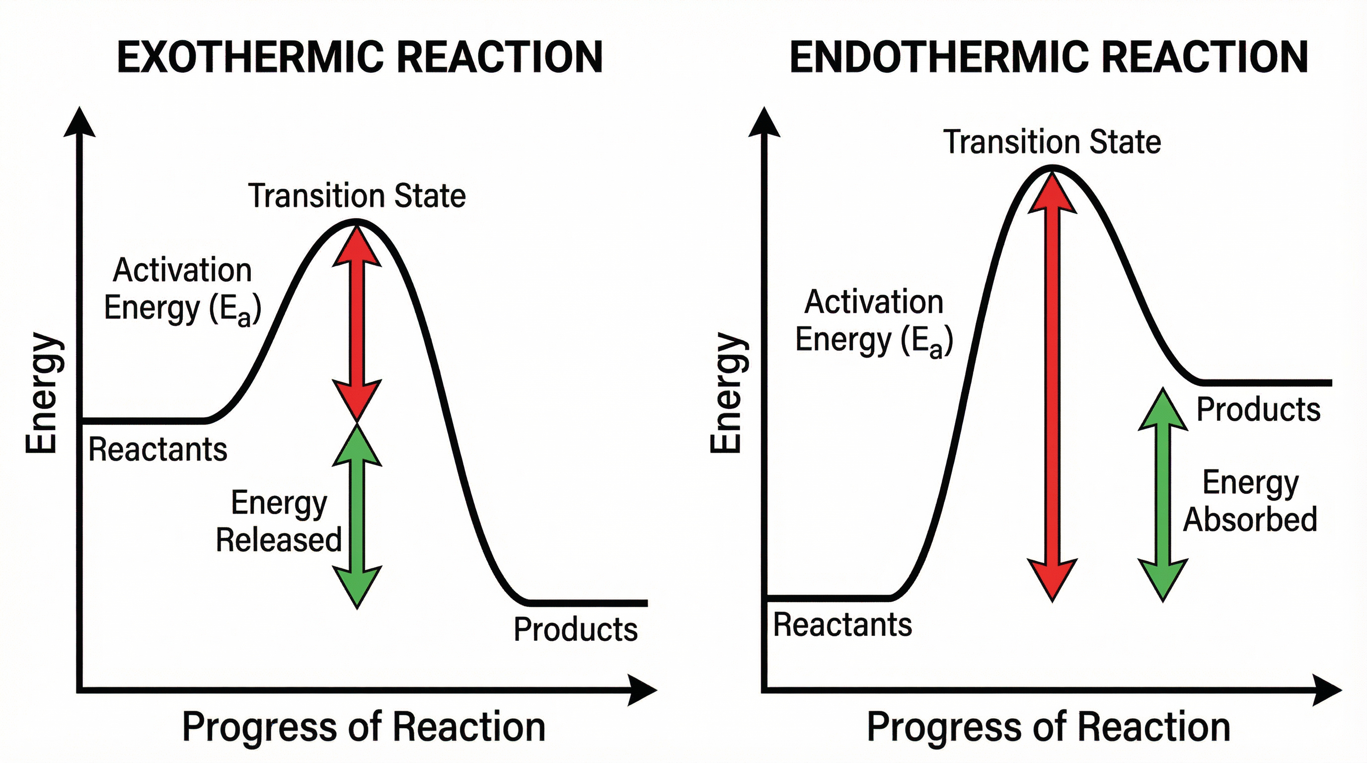 Reaction profiles for exothermic and endothermic reactions.