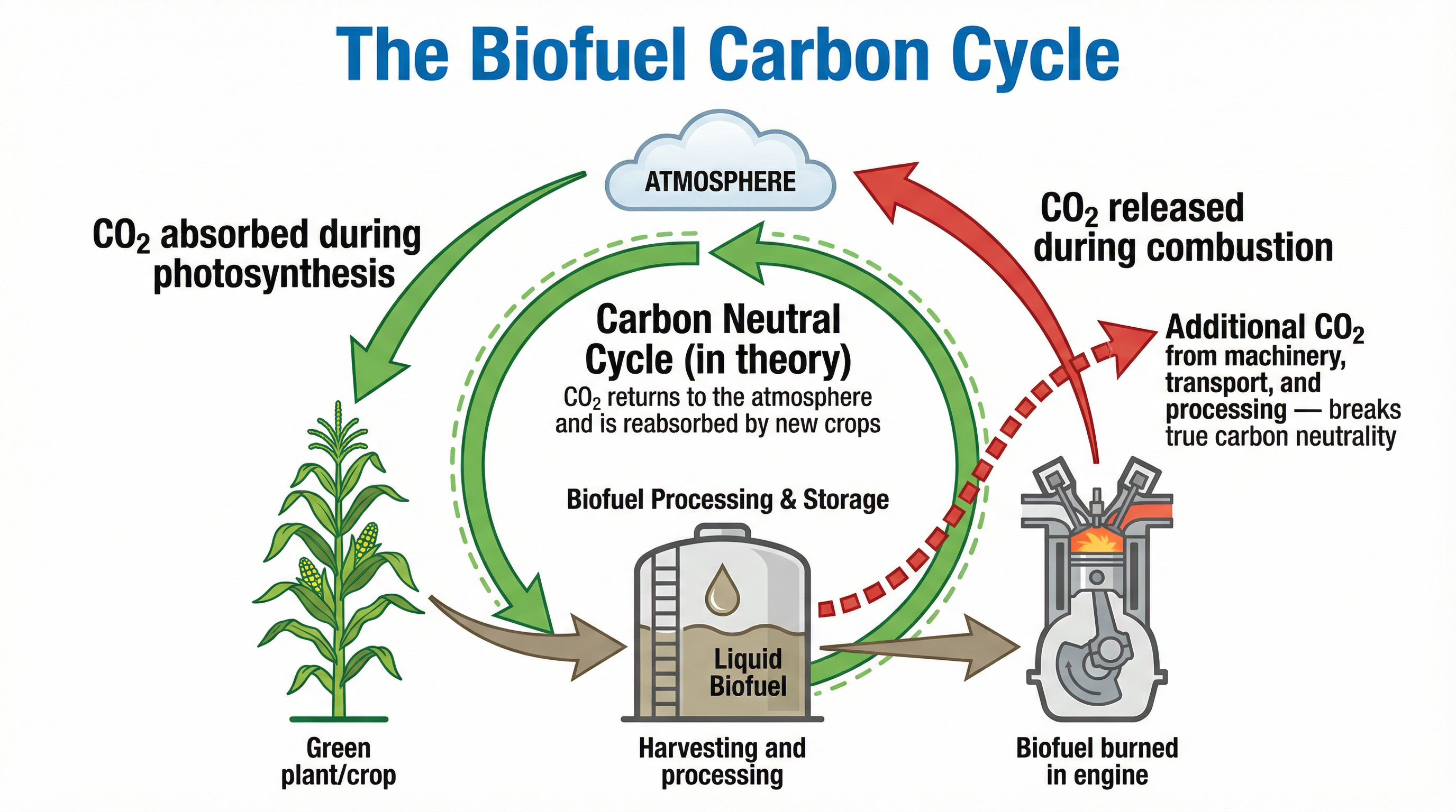 The theoretical carbon neutral cycle of biofuels.