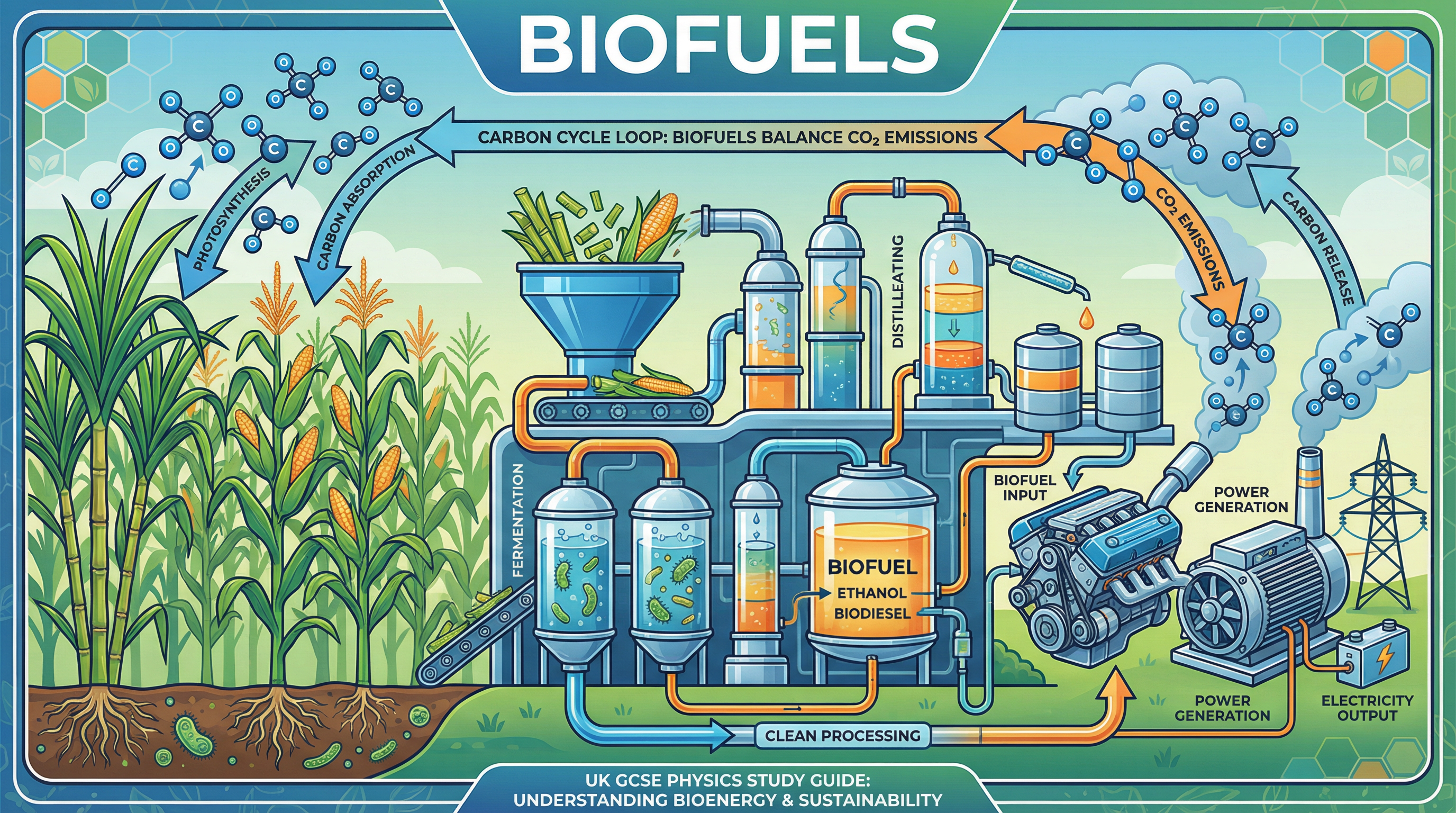An illustration showing the complete lifecycle of biofuels, from crop growth to energy production.