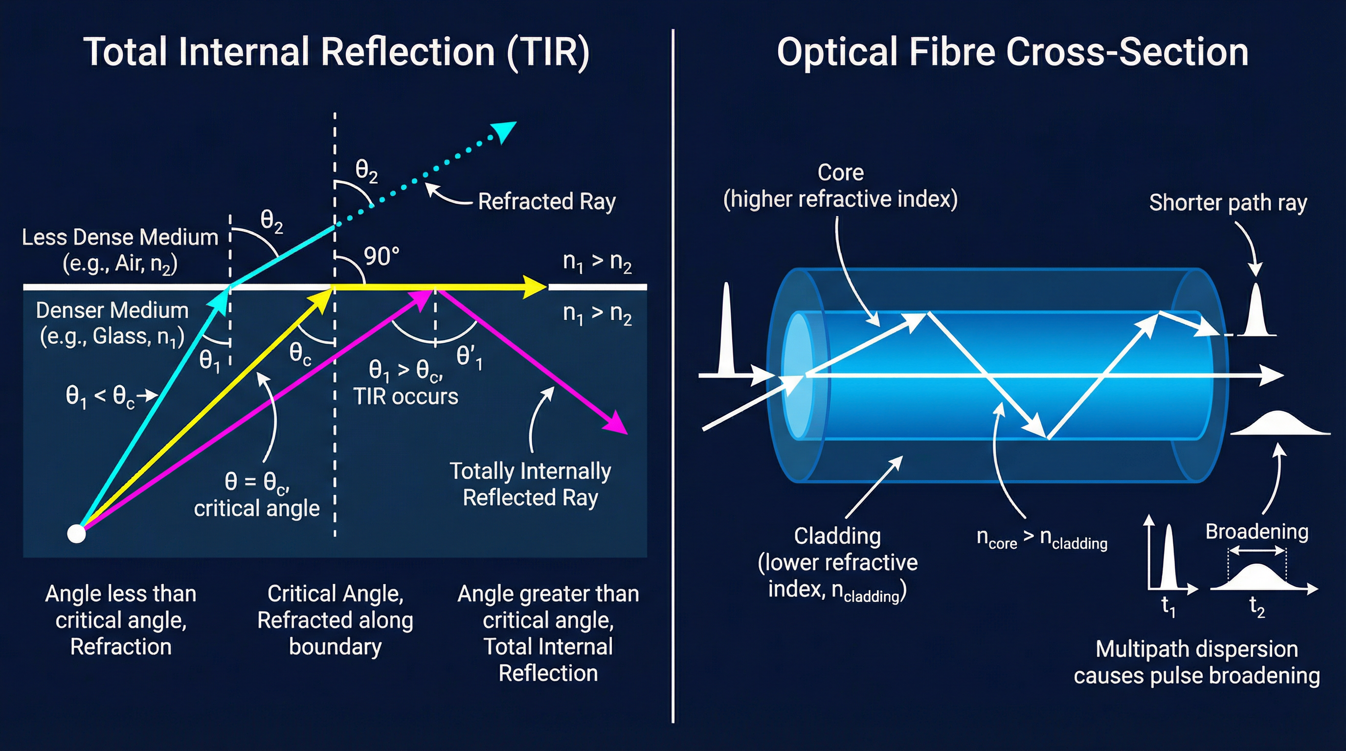 Diagram of Total Internal Reflection and Optical Fibres