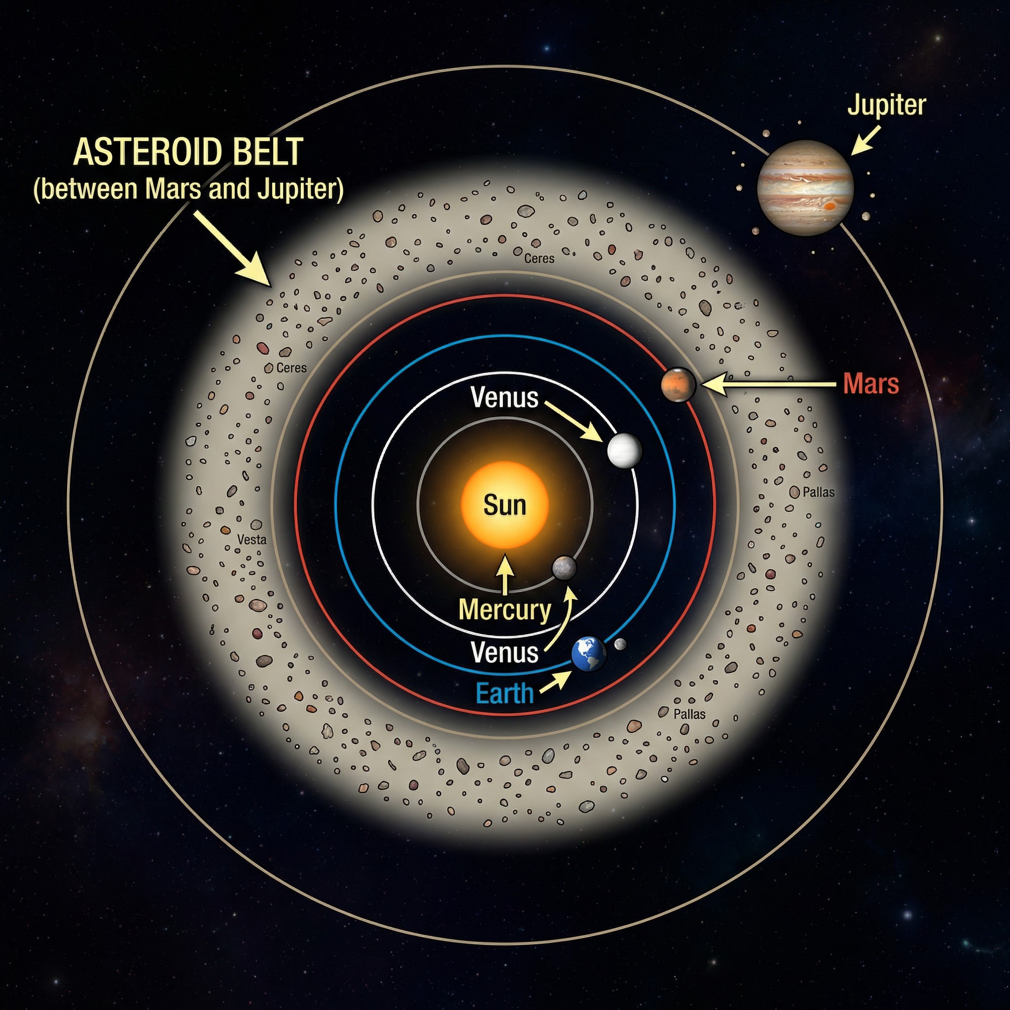 Diagram of the main asteroid belt's location between Mars and Jupiter.
