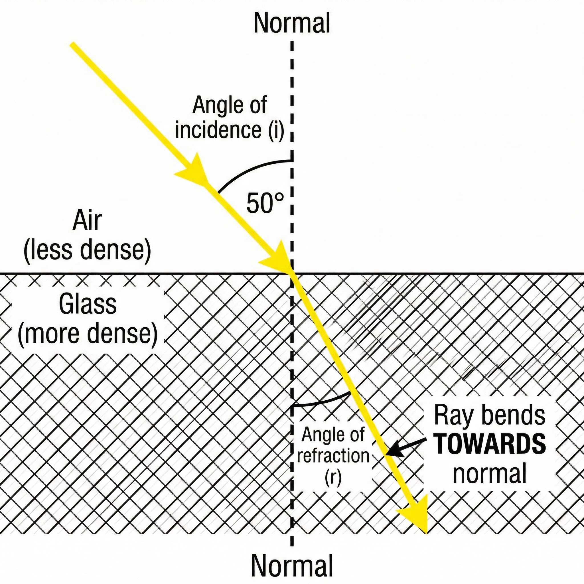 Ray diagram for light entering a denser medium.