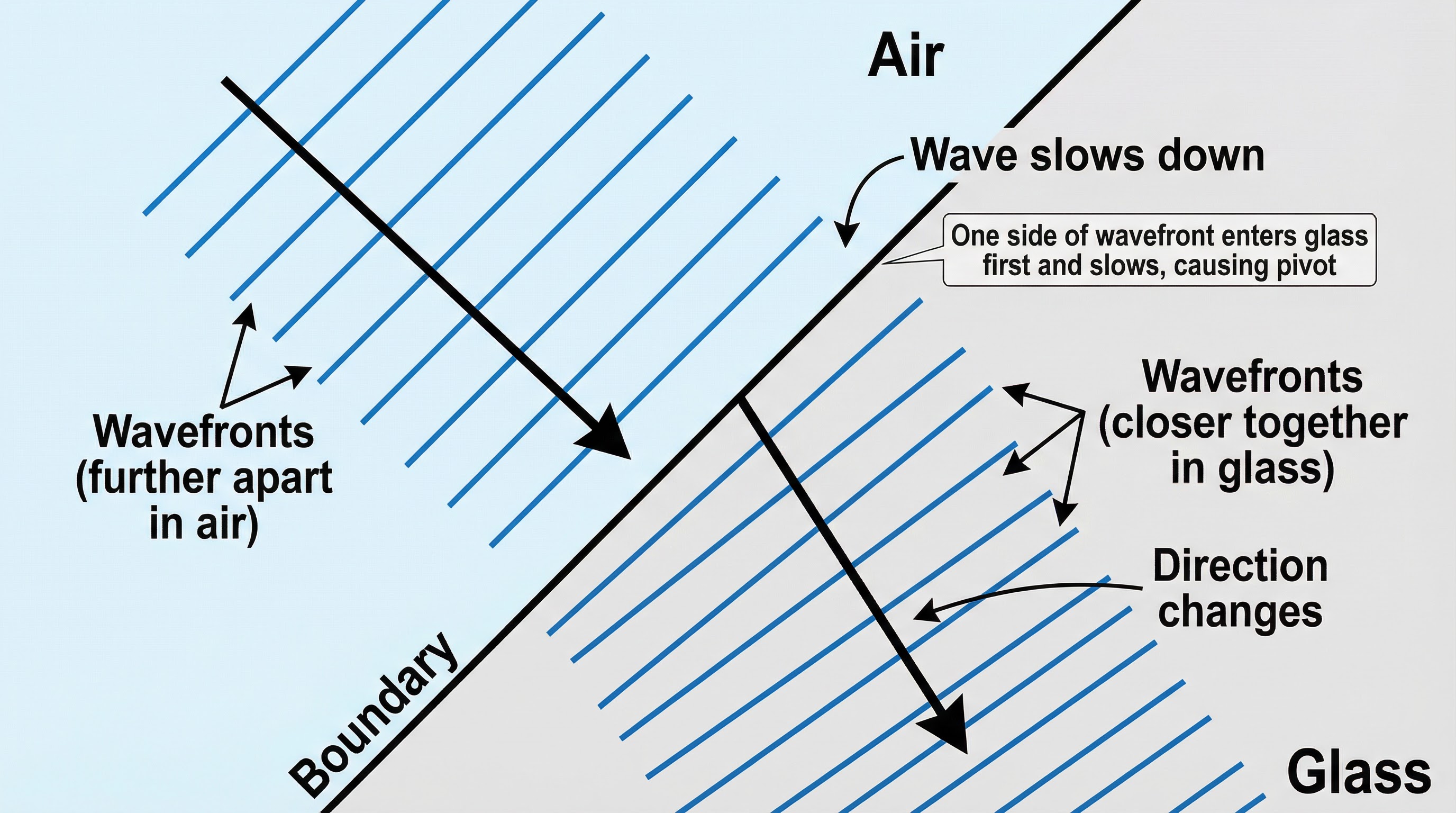 Explaining refraction with wavefronts (Higher Tier).