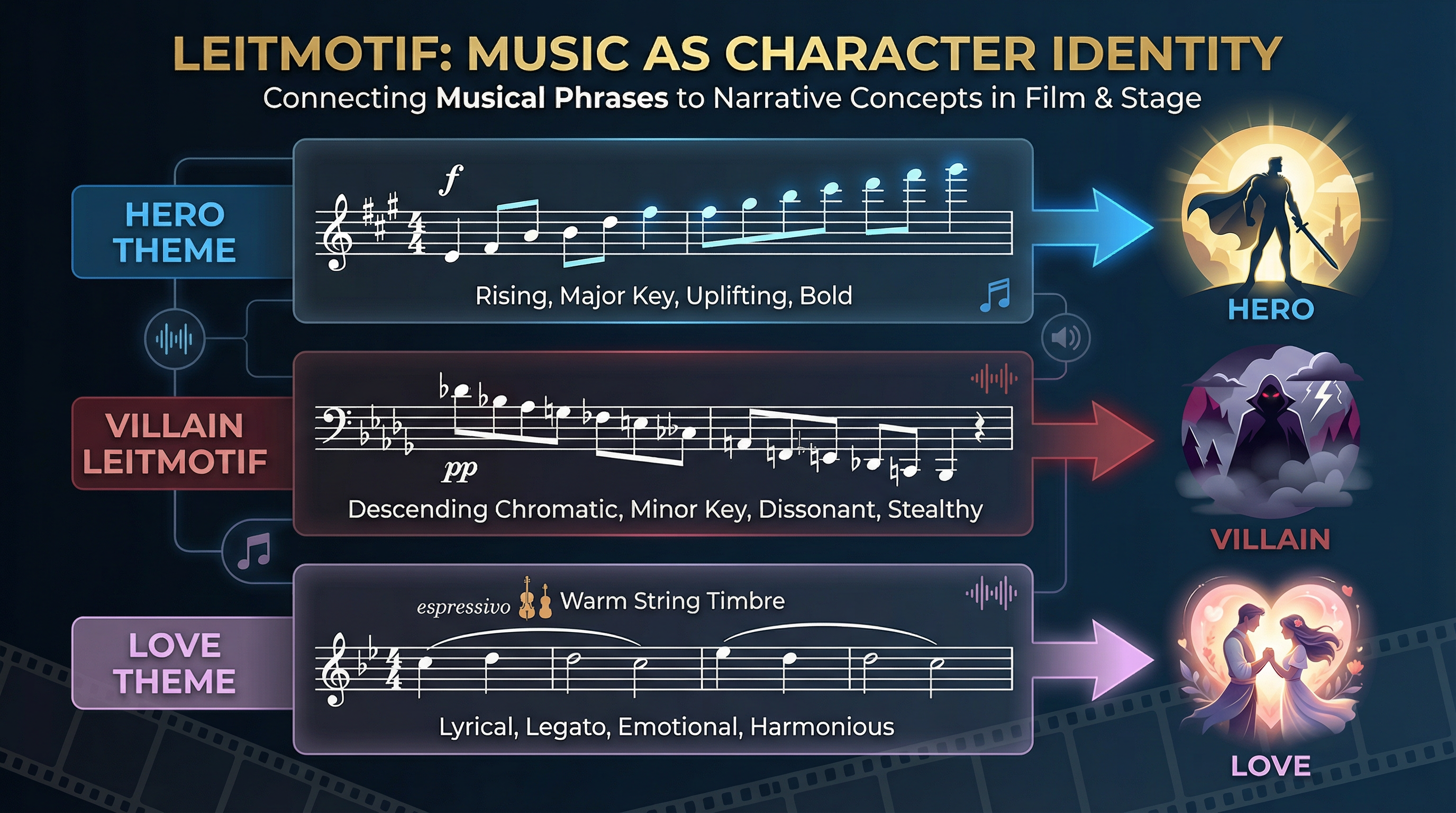 Visual explanation of how leitmotifs function as character identity.