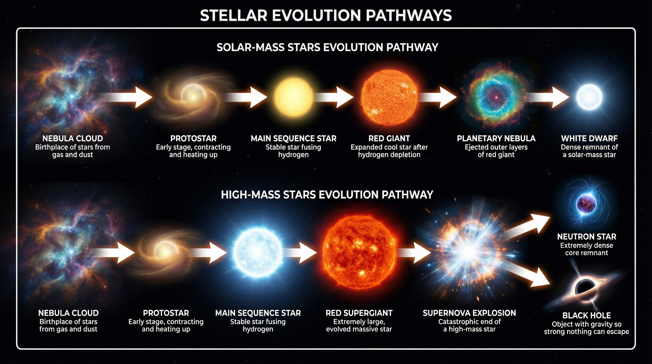 The life cycle pathways for low-mass (like the Sun) and high-mass stars.