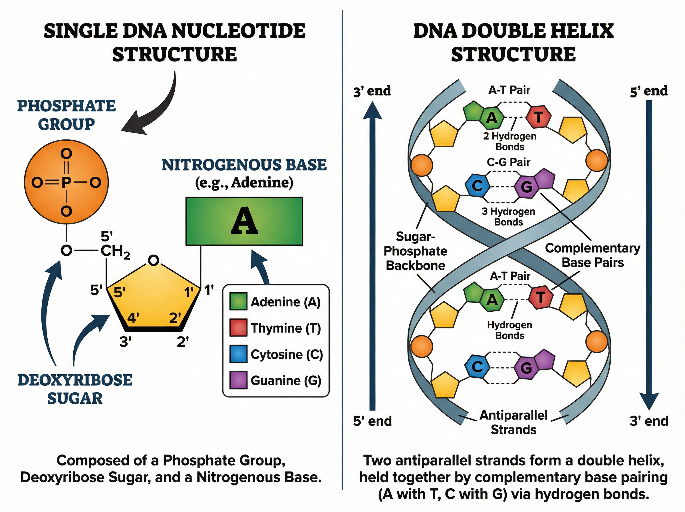Structure of a DNA nucleotide and the double helix