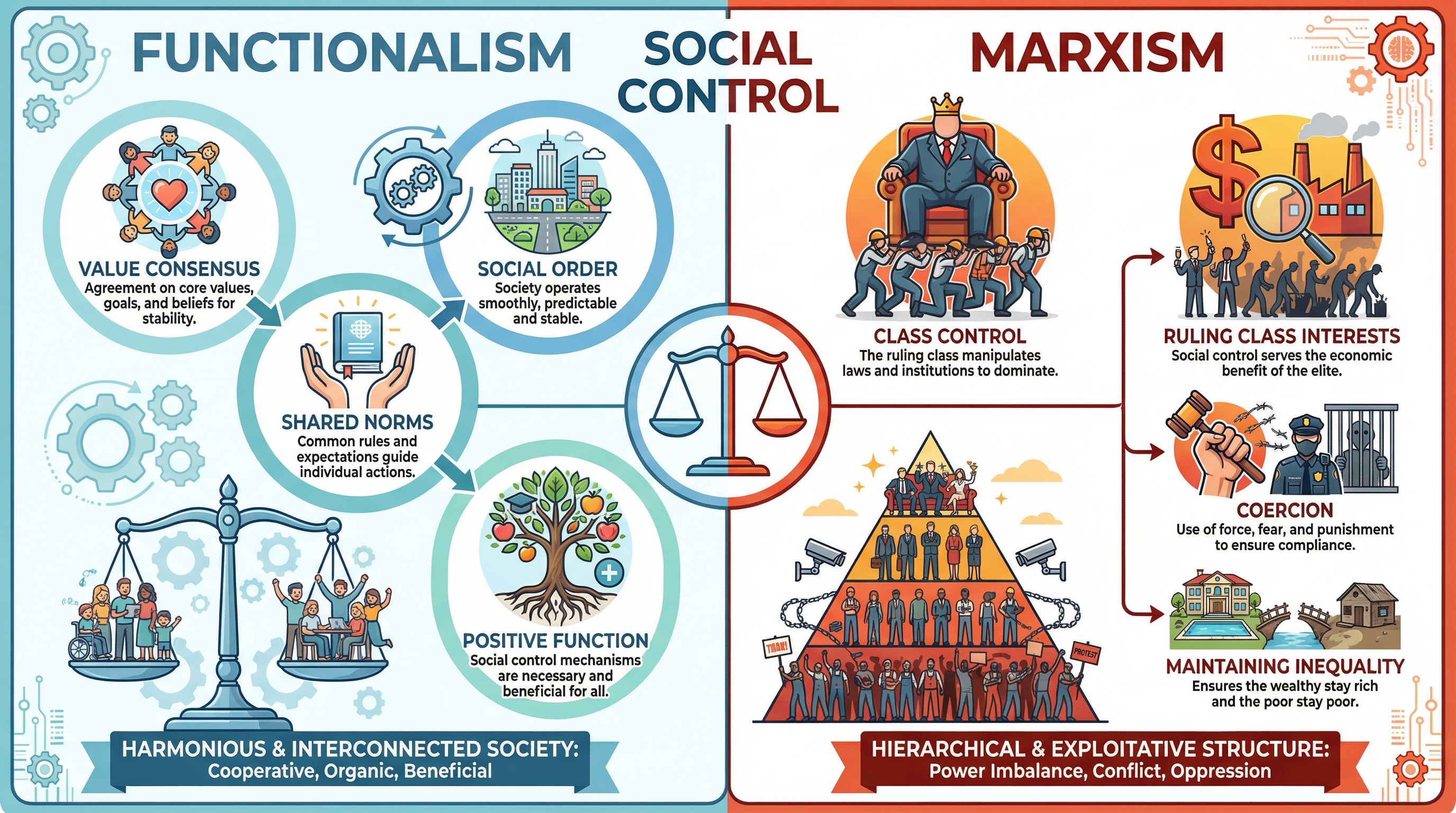 A visual breakdown of the Functionalist (consensus) versus Marxist (conflict) views on social control.