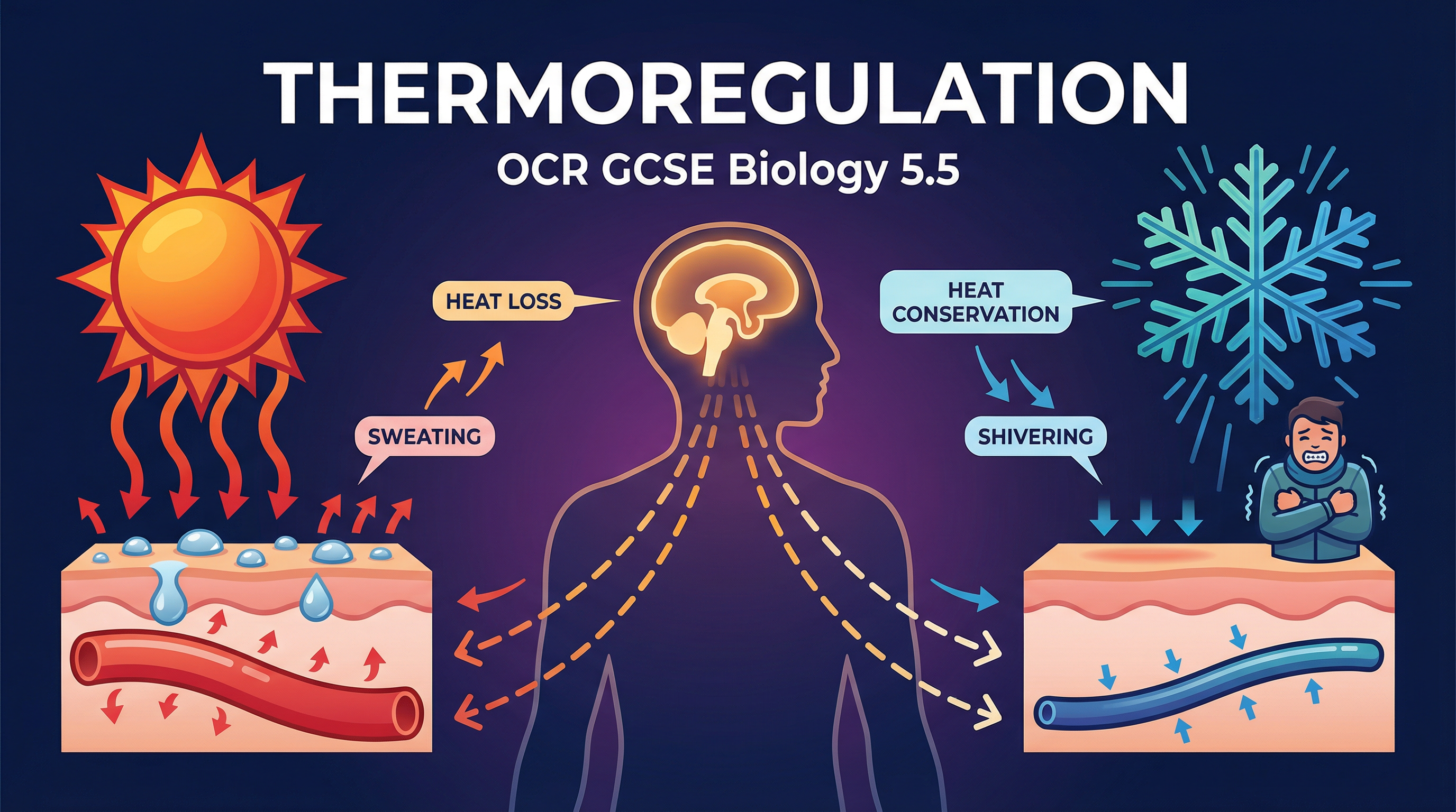 An overview of the body's responses to hot and cold conditions, coordinated by the brain.