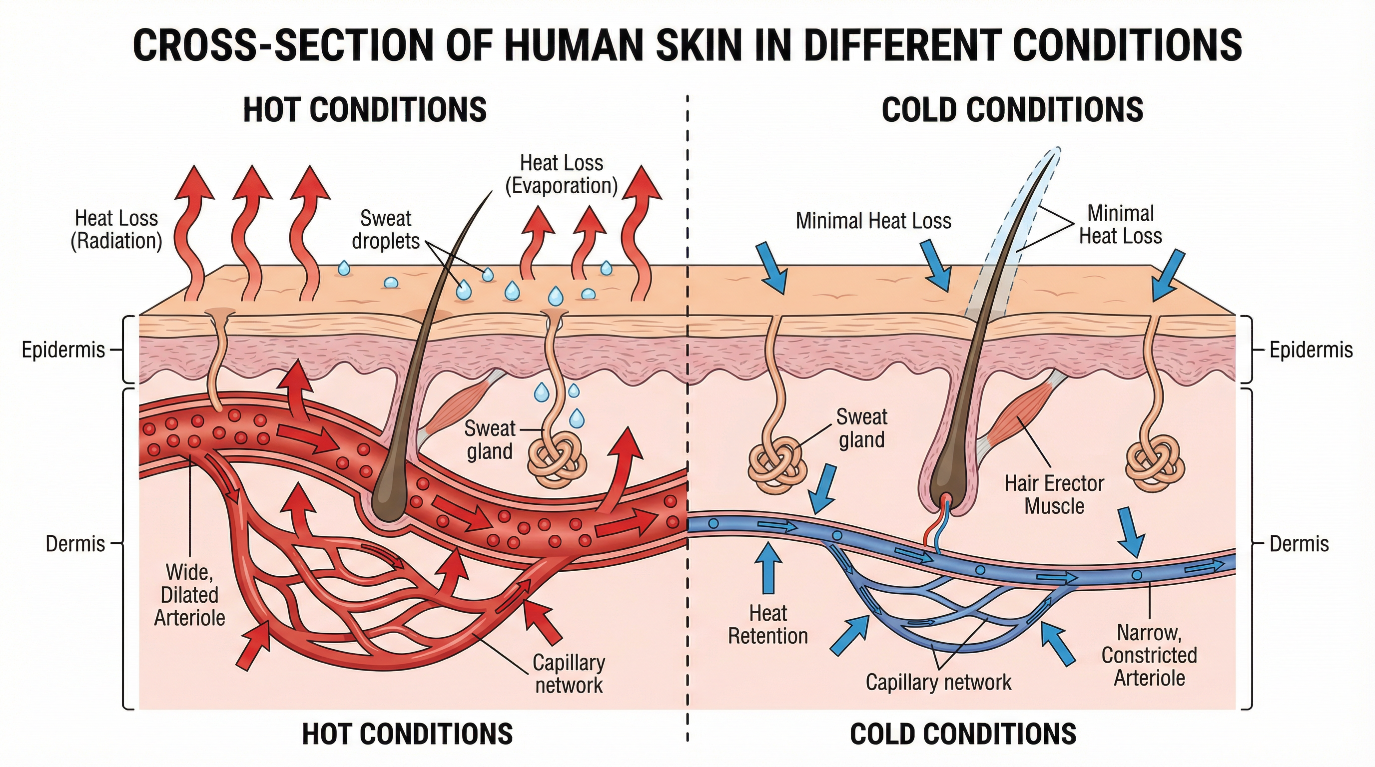 Cross-section of the skin showing effectors for thermoregulation in hot and cold conditions.
