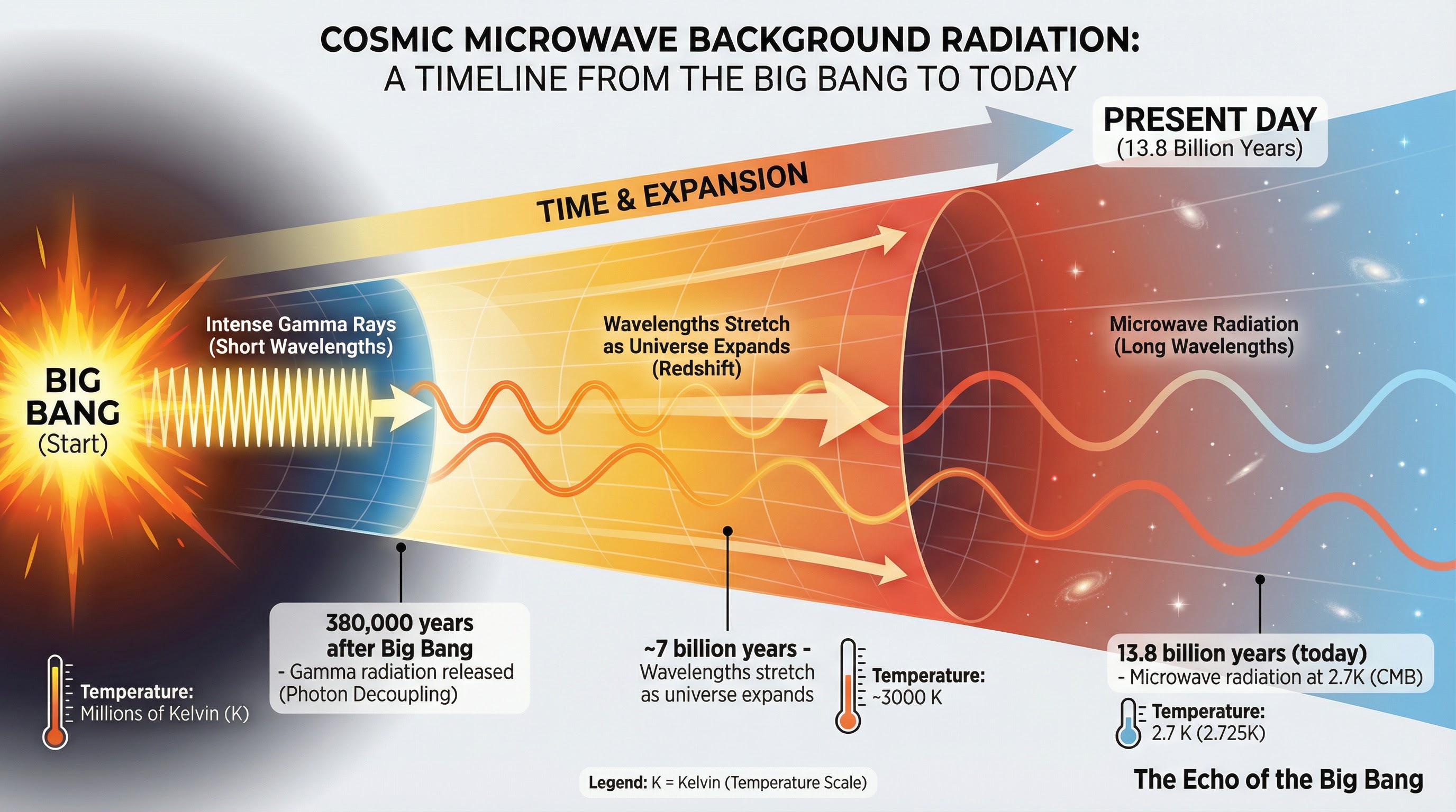 Timeline of the Cosmic Microwave Background Radiation from the Big Bang to the present day, showing how wavelengths stretched as the universe expanded.