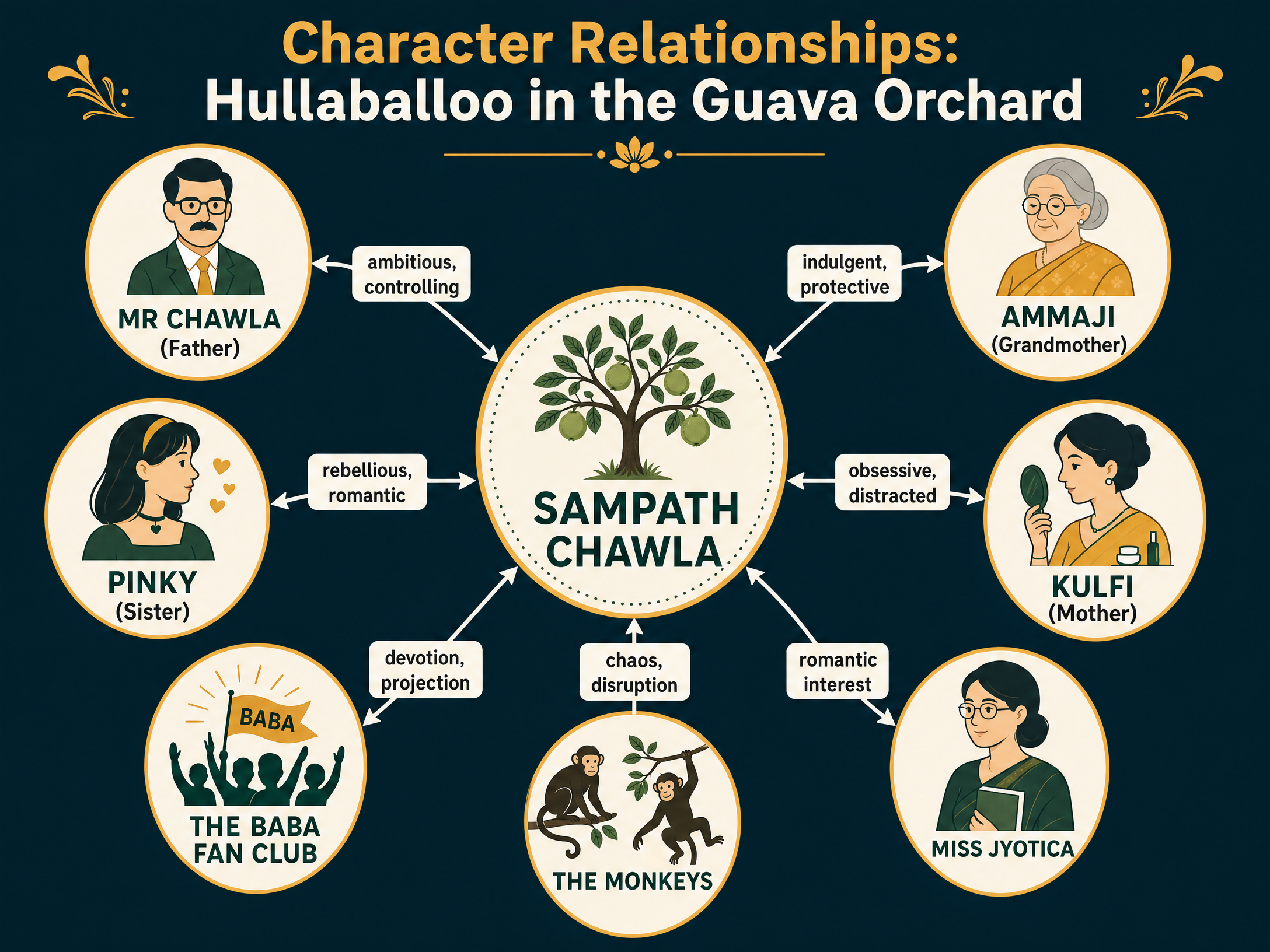 Character Relationships in Hullaballoo in the Guava Orchard