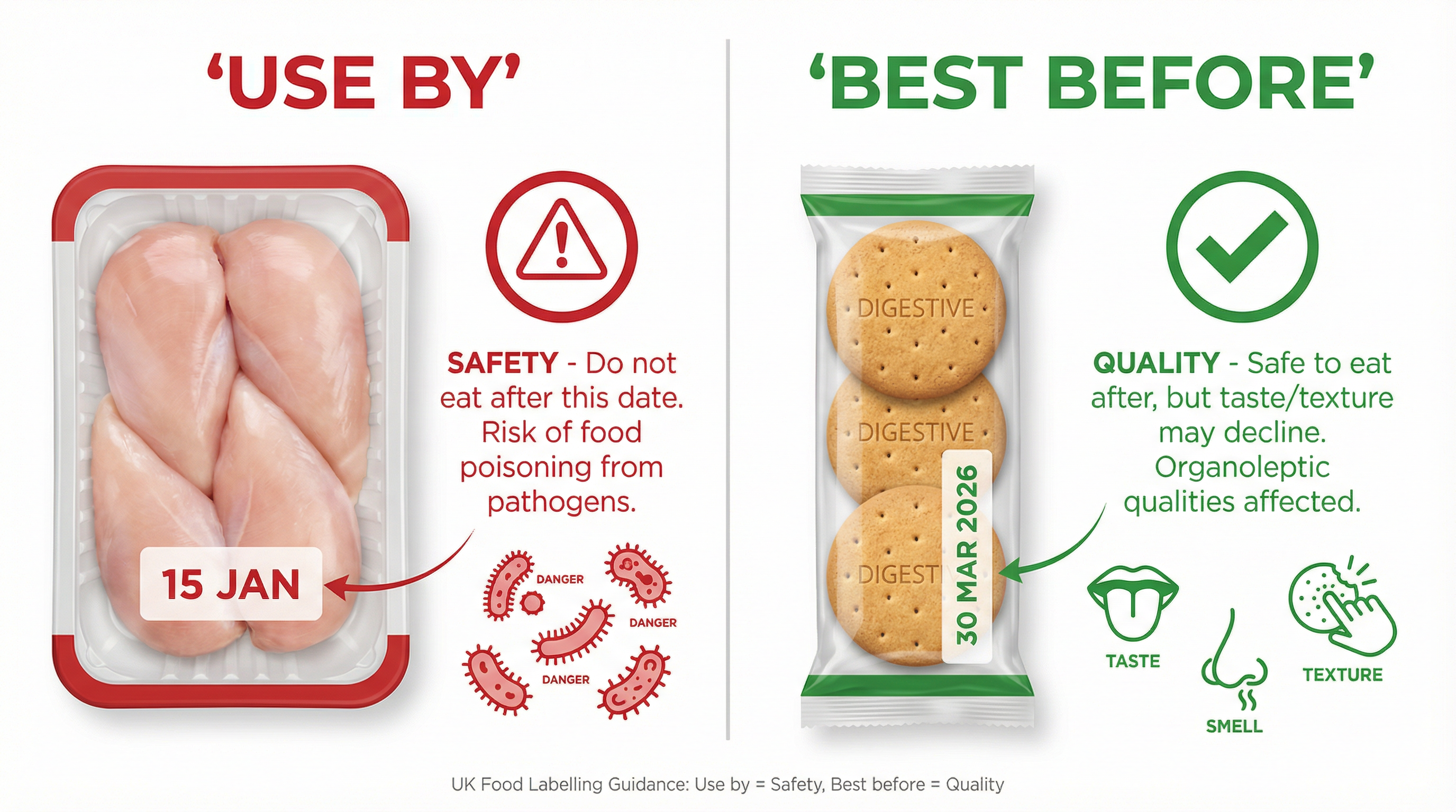 Comparison of 'Use By' and 'Best Before' dates.