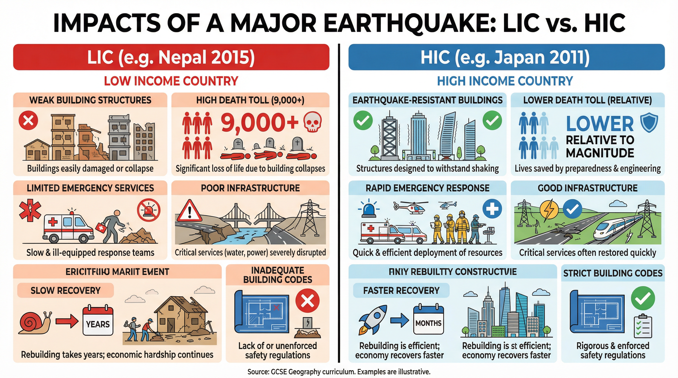 Comparing earthquake impacts in LICs and HICs.
