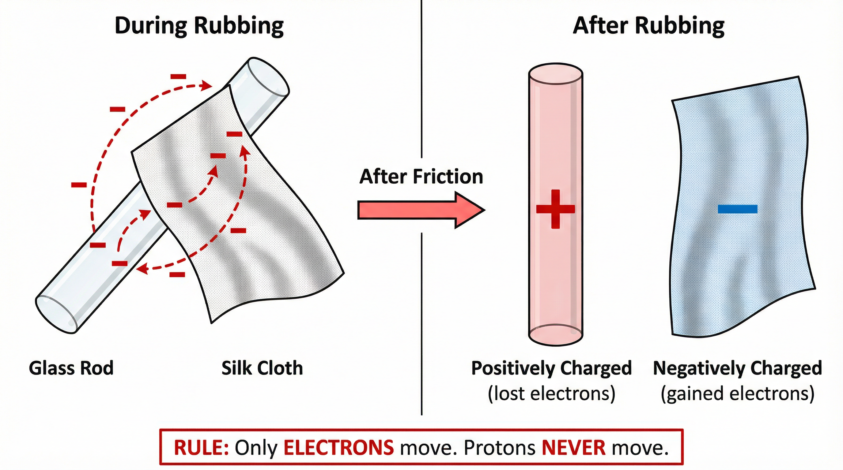 Charging by friction: only electrons are transferred from one insulator to another.