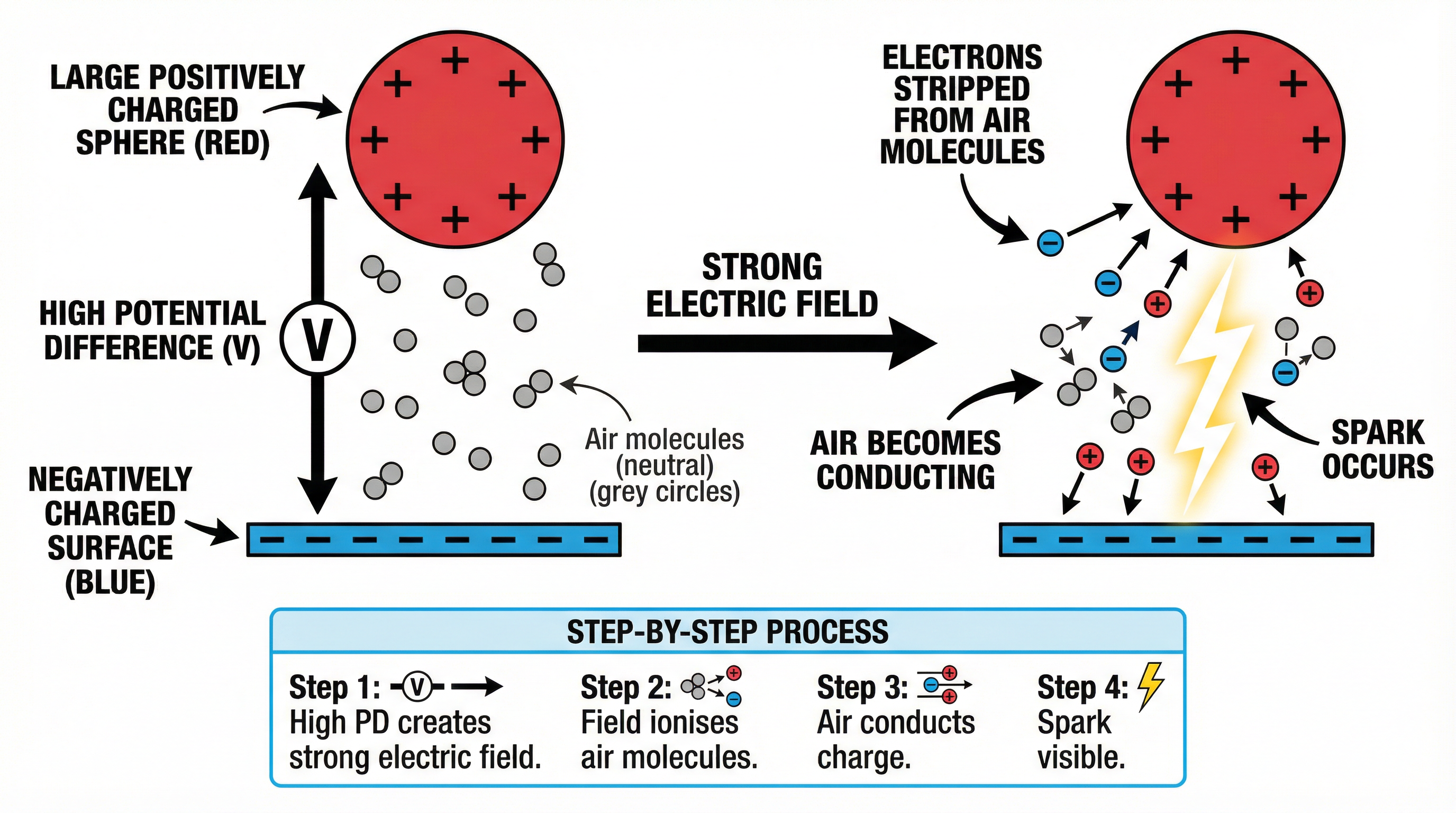 (Higher Tier) How a strong electric field leads to ionisation of air and causes a spark.