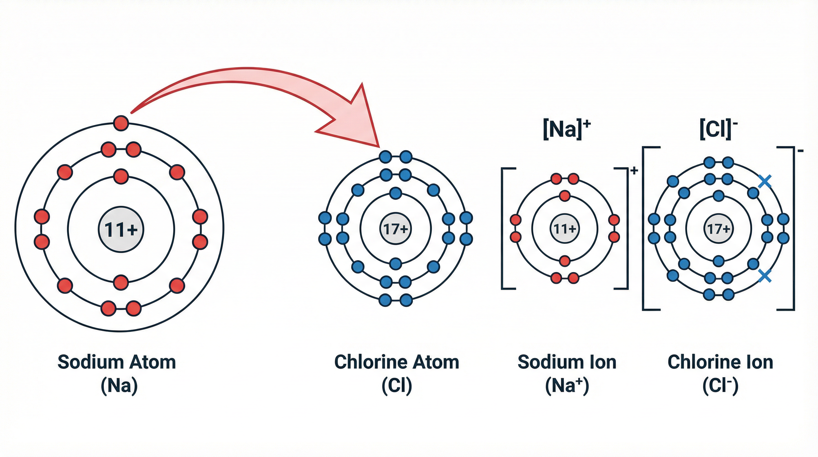 Dot-and-cross representation of ionic bond formation between sodium and chlorine.