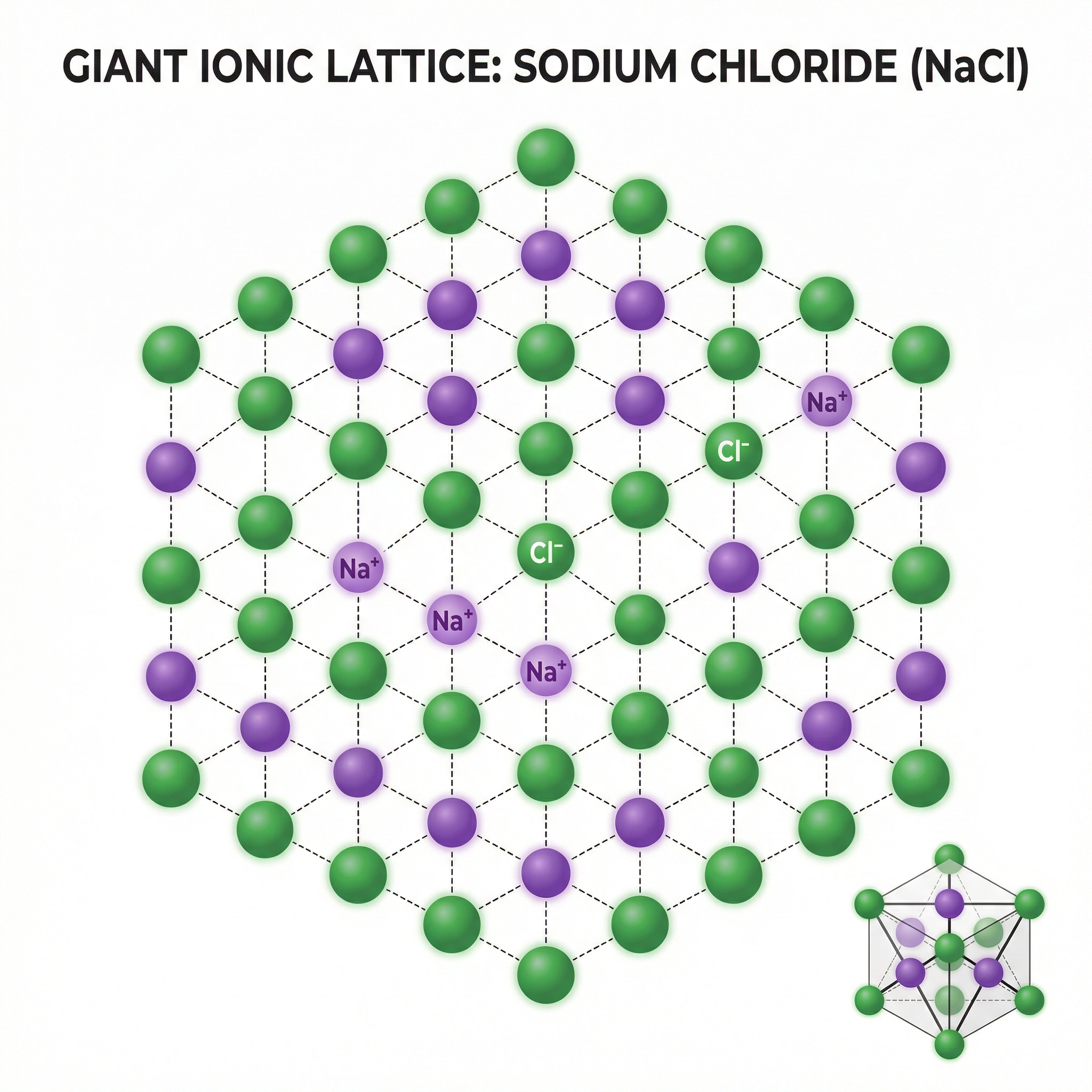 The giant ionic lattice structure of NaCl, showing the regular arrangement of Na+ and Cl- ions.