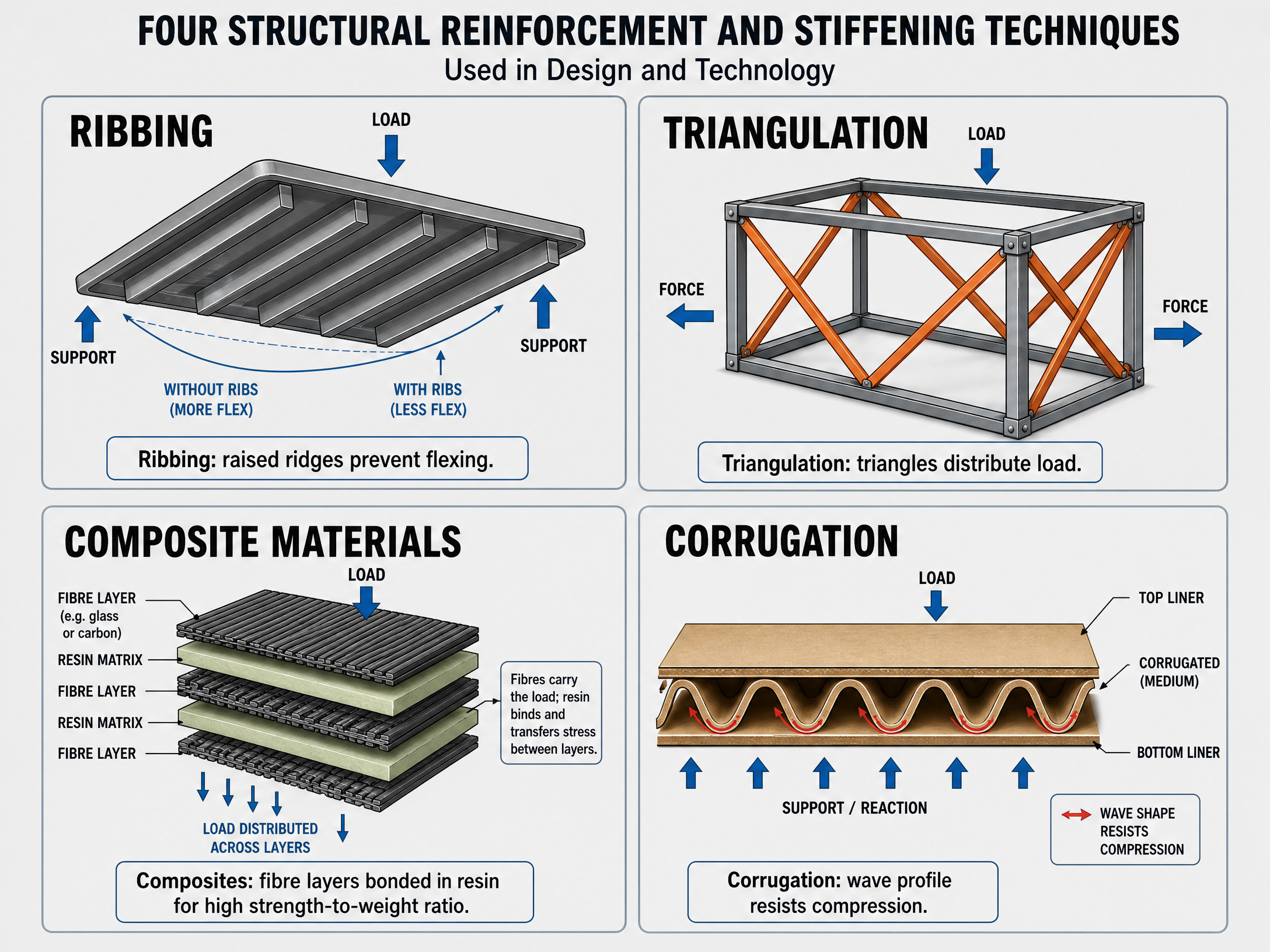 Common structural reinforcement and stiffening techniques.