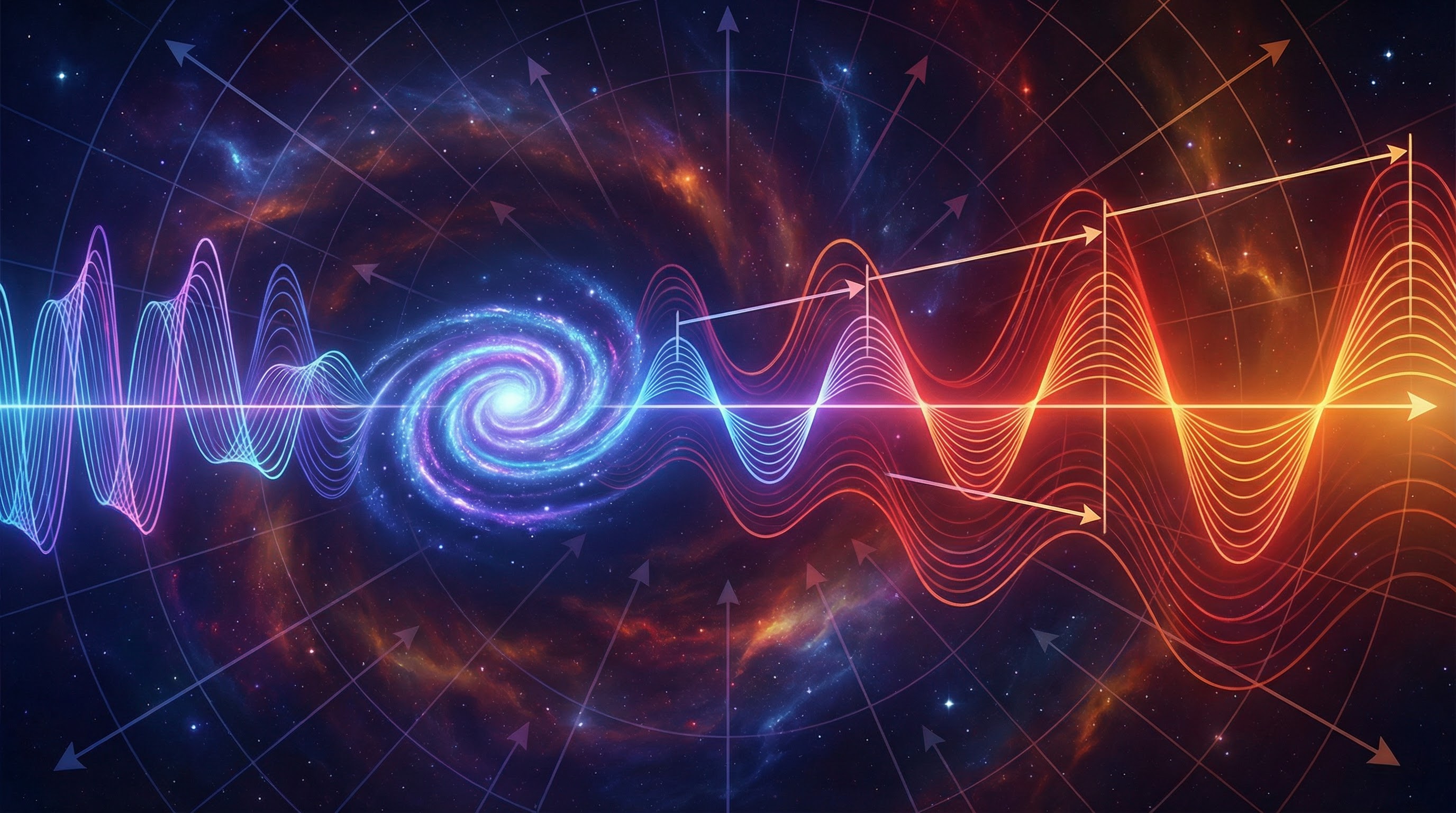 An artistic representation of redshift, showing light waves stretching as they travel from a distant galaxy through expanding space.