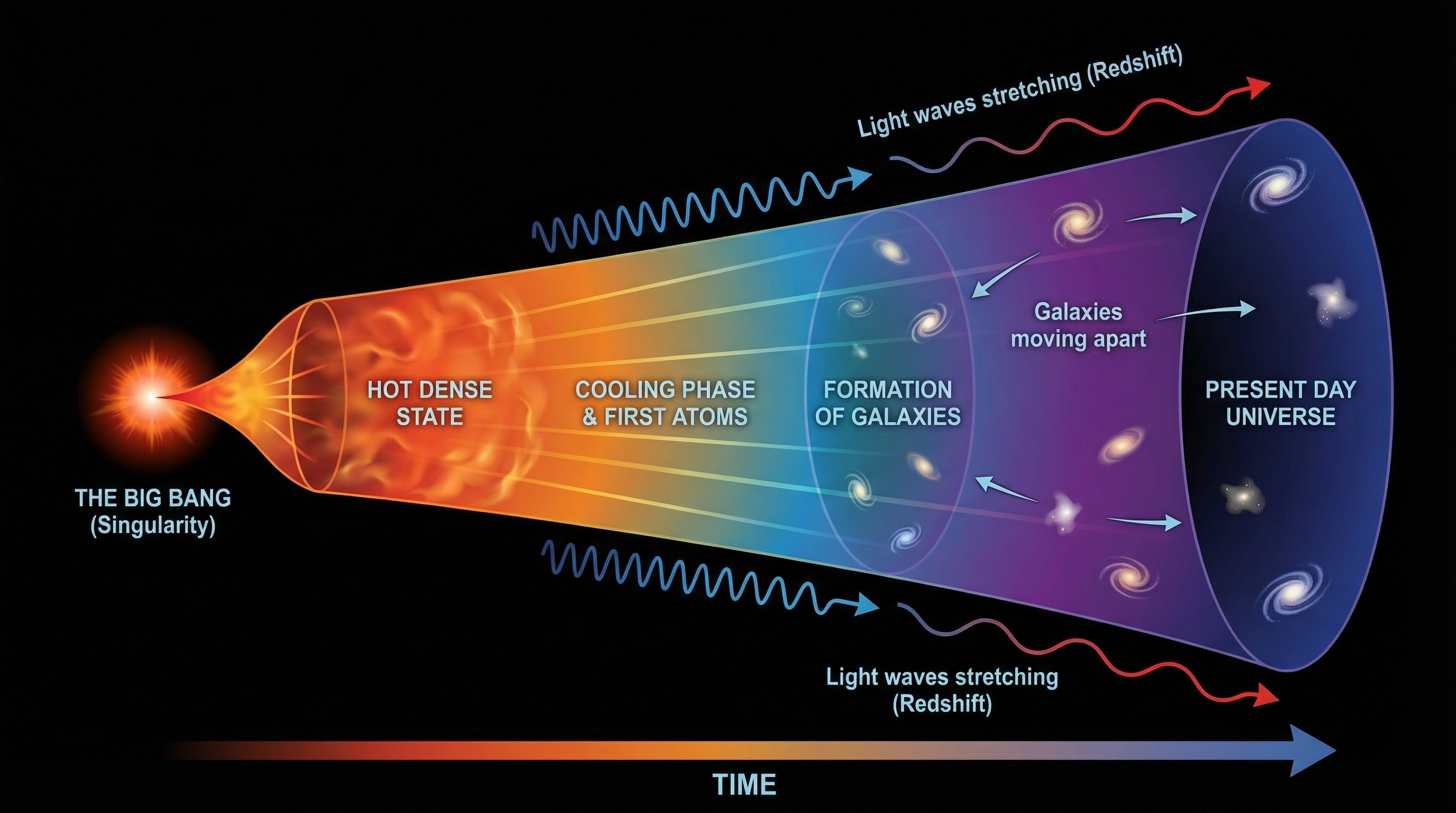 The history of the universe, from the initial hot, dense state of the Big Bang to the present day, showing the continuous expansion of space.
